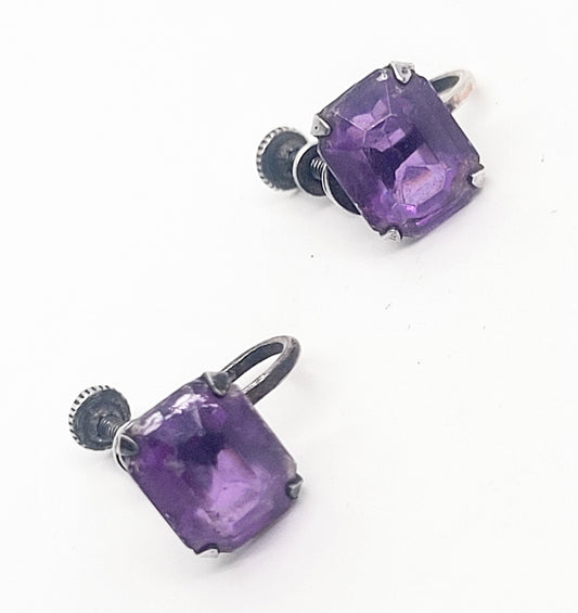 Purple Art Glass vintage rhinestone sterling silver screw back earrings