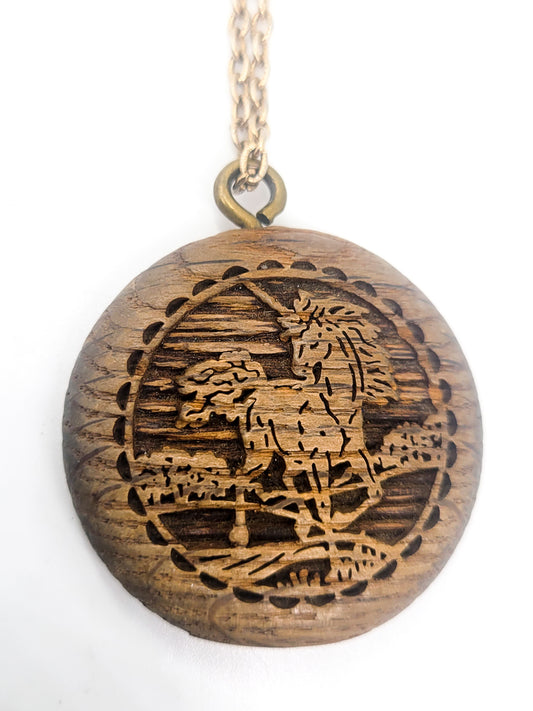 Carved Unicorn vintage folk art wooden pendant necklace