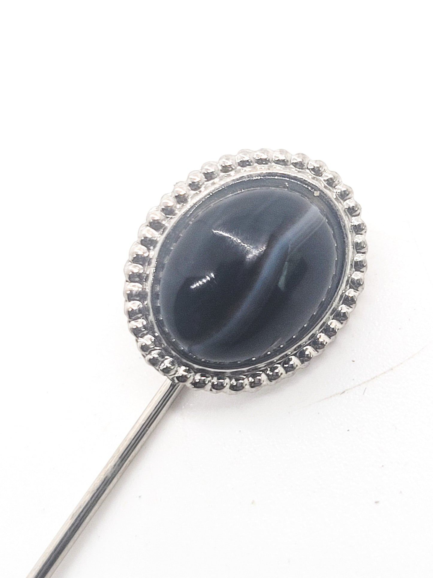 Black banded Agate vintage silver toned stick lapel pin
