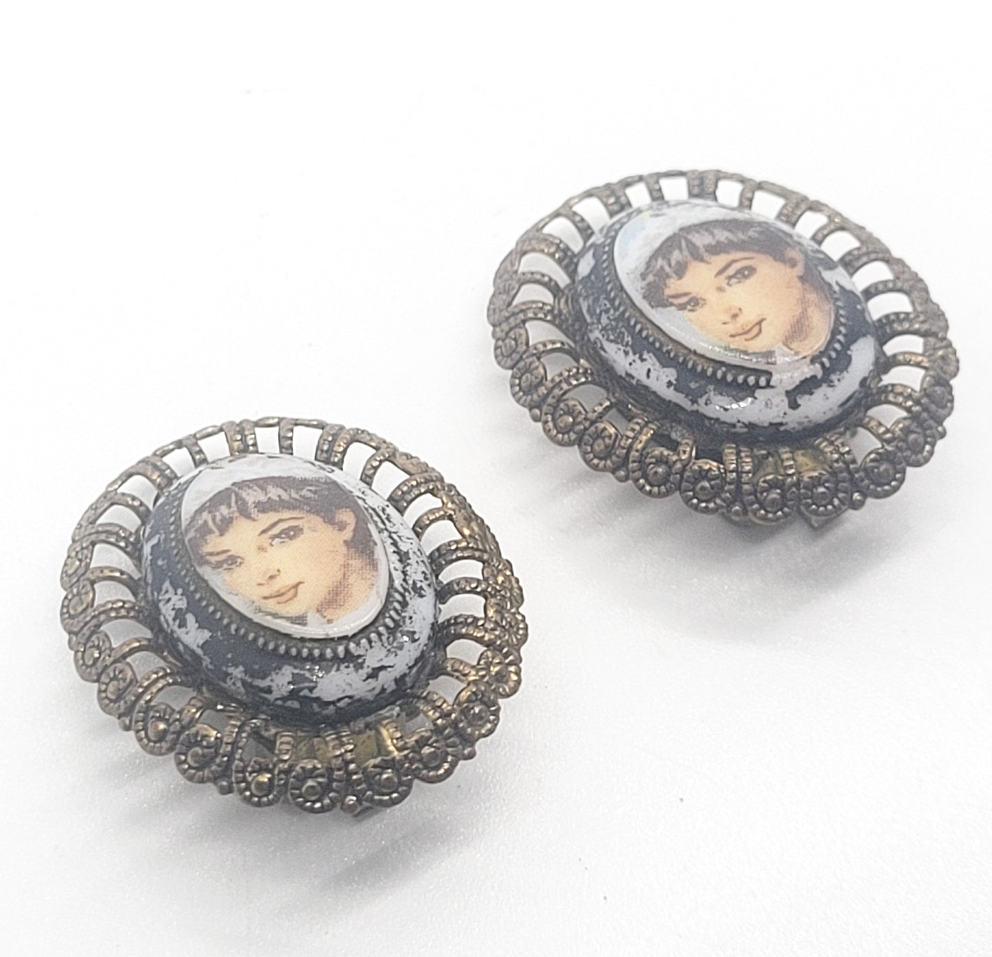 West Germany Cameo plastic transferware vintage clip on earrings