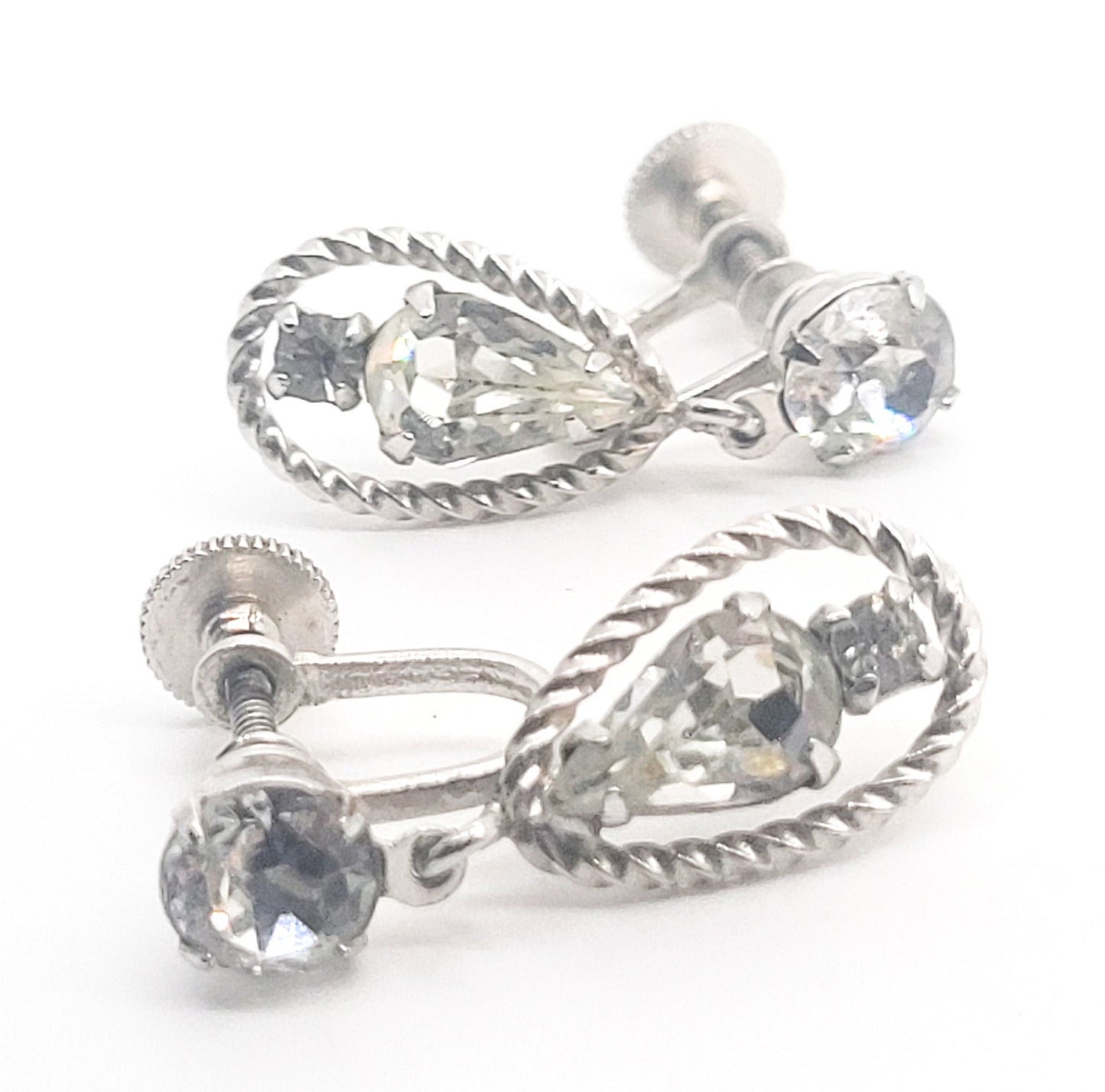 Twisted rope clear rhinestone silver toned screw back earrings