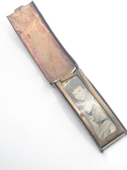 Mid Century brass locket watch band with pictures. Locket only