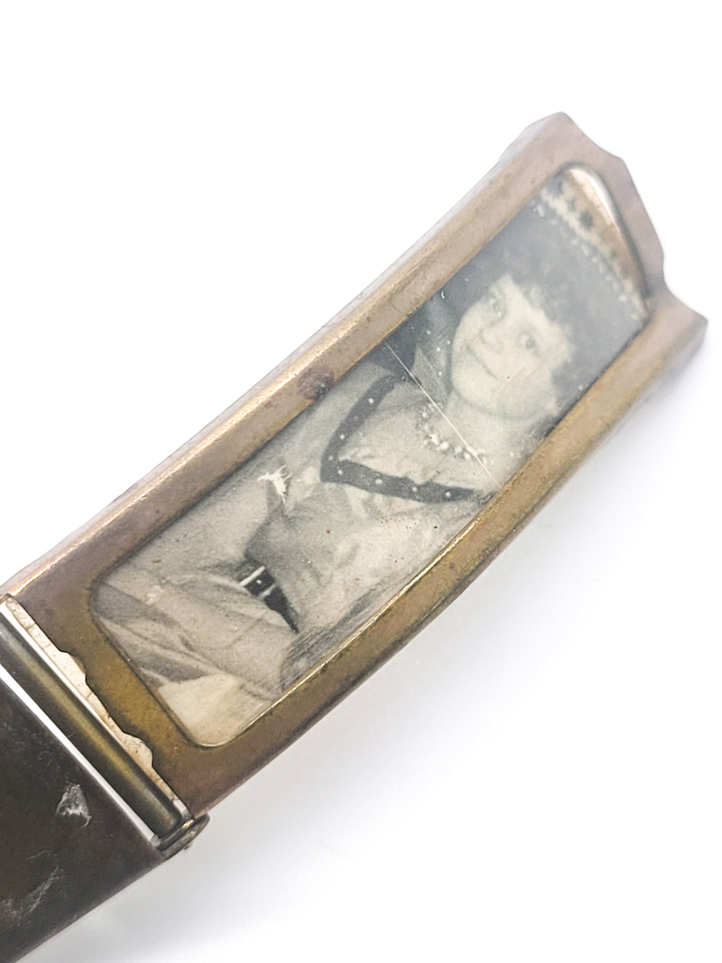 Mid Century brass locket watch band with pictures. Locket only