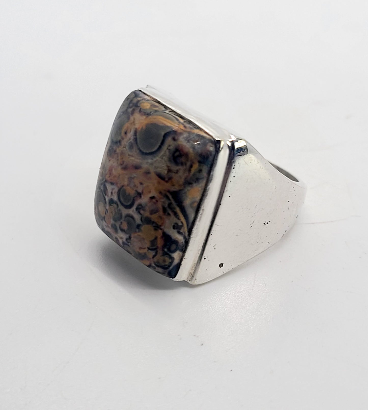 Leopard skin jasper large heavy vintage sterling silver ring size 9