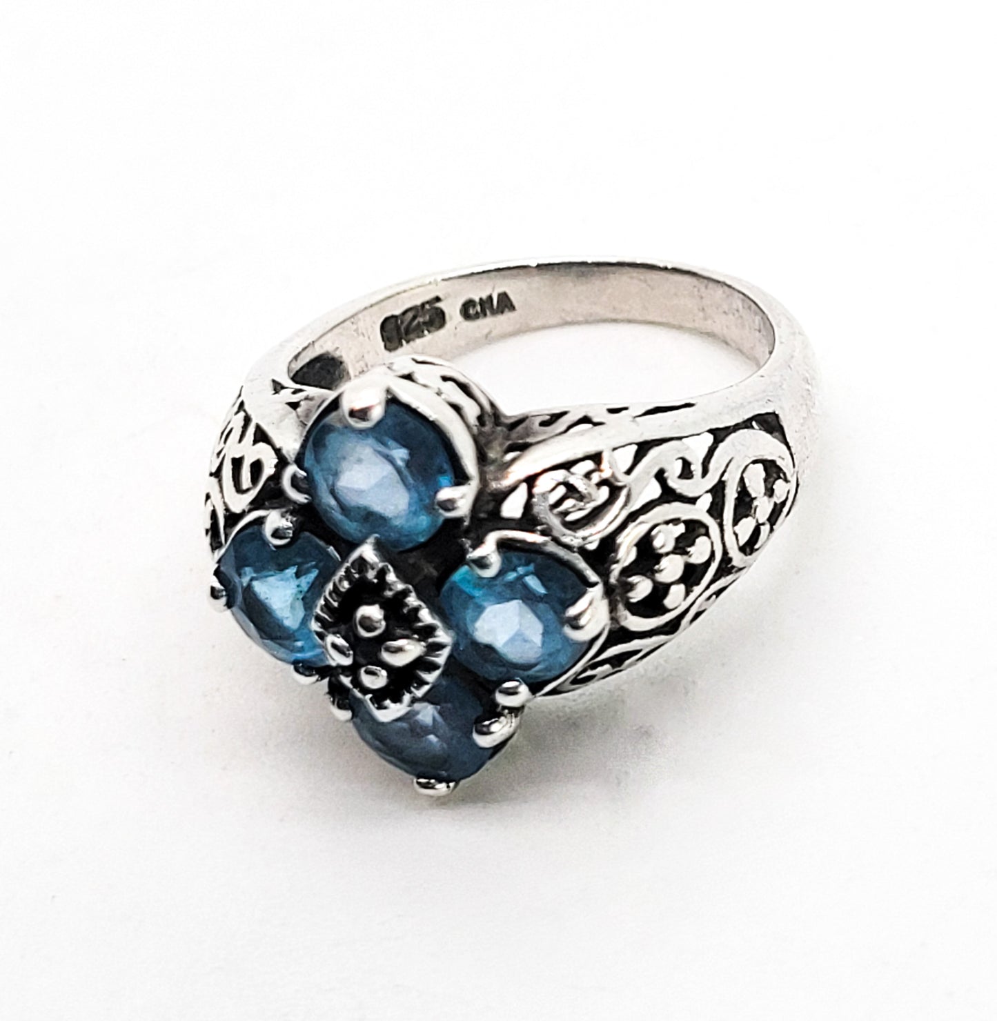 Blue Topaz Sapphire Balinese tribal filigree sterling silver ring size 6