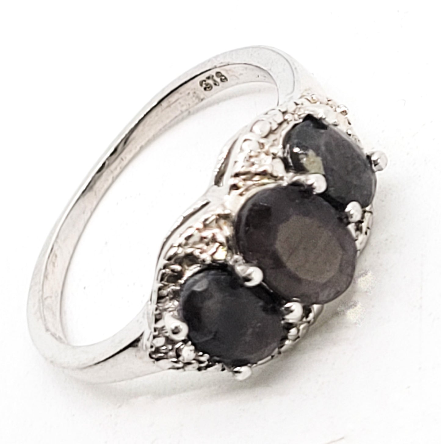 Silver Sheen Black Sapphire three stone sterling silver ring size 8.25