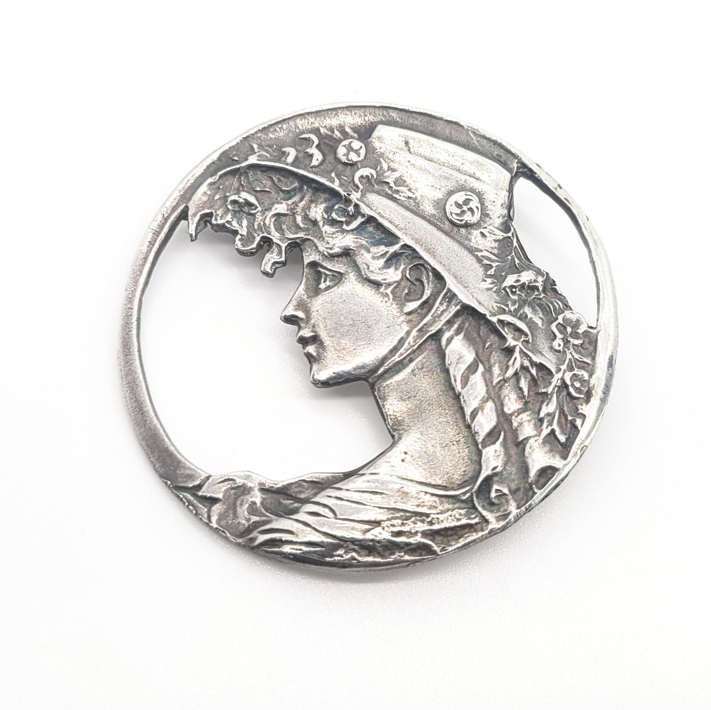 Art Nouveau Nymph woman sterling silver vintage pendant brooch
