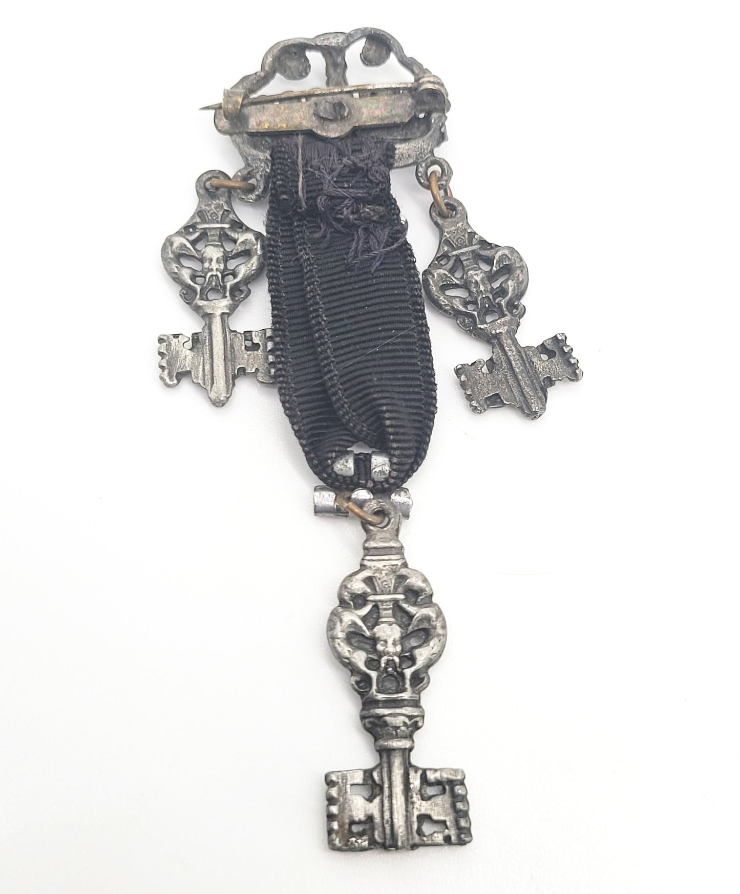 Victorian Crown and skull key antique sterling silver ribbon charm brooch
