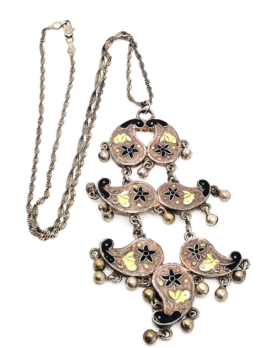 Yellow and black Cloisonné enamel tribal bell vintage necklace