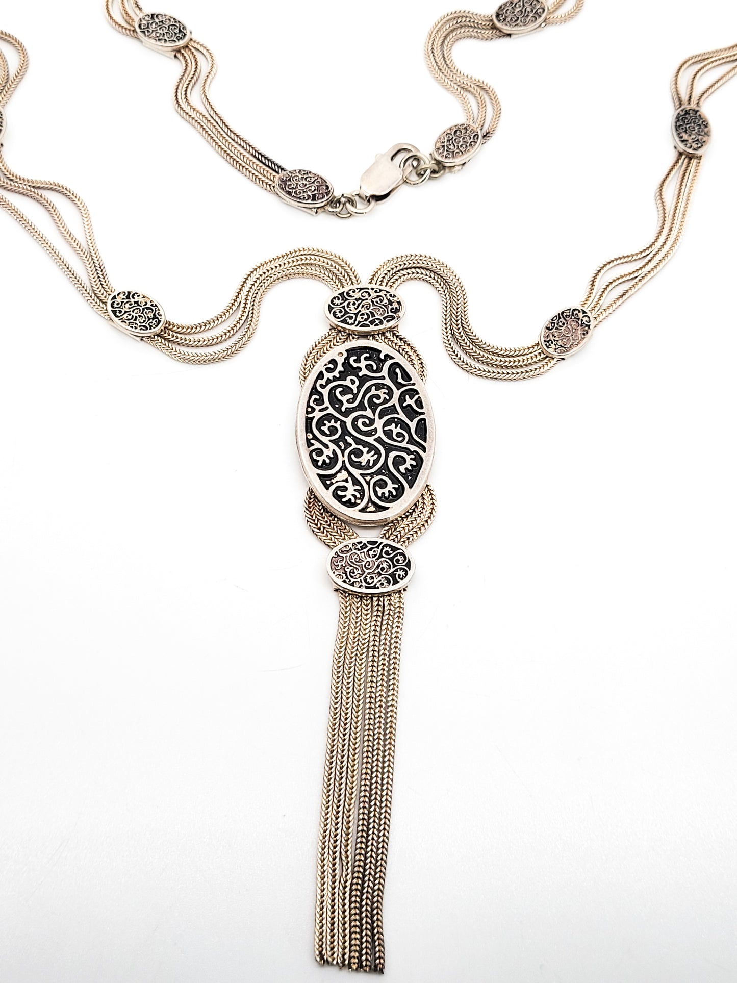 Russian 84 NU sterling silver black enamel panel vintage necklace