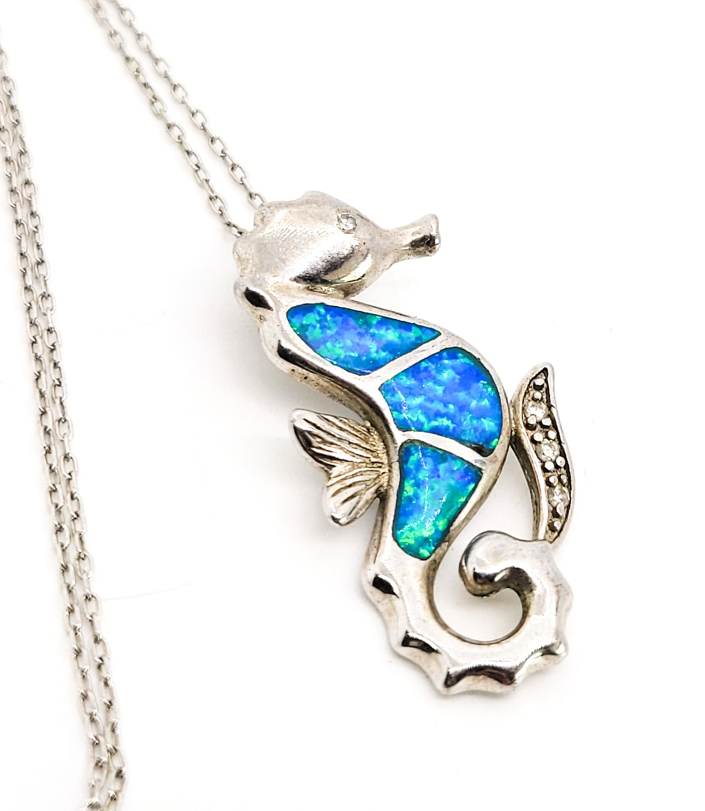 Blue Fire Opal CZ cubic zirconia sterling silver seahorse necklace