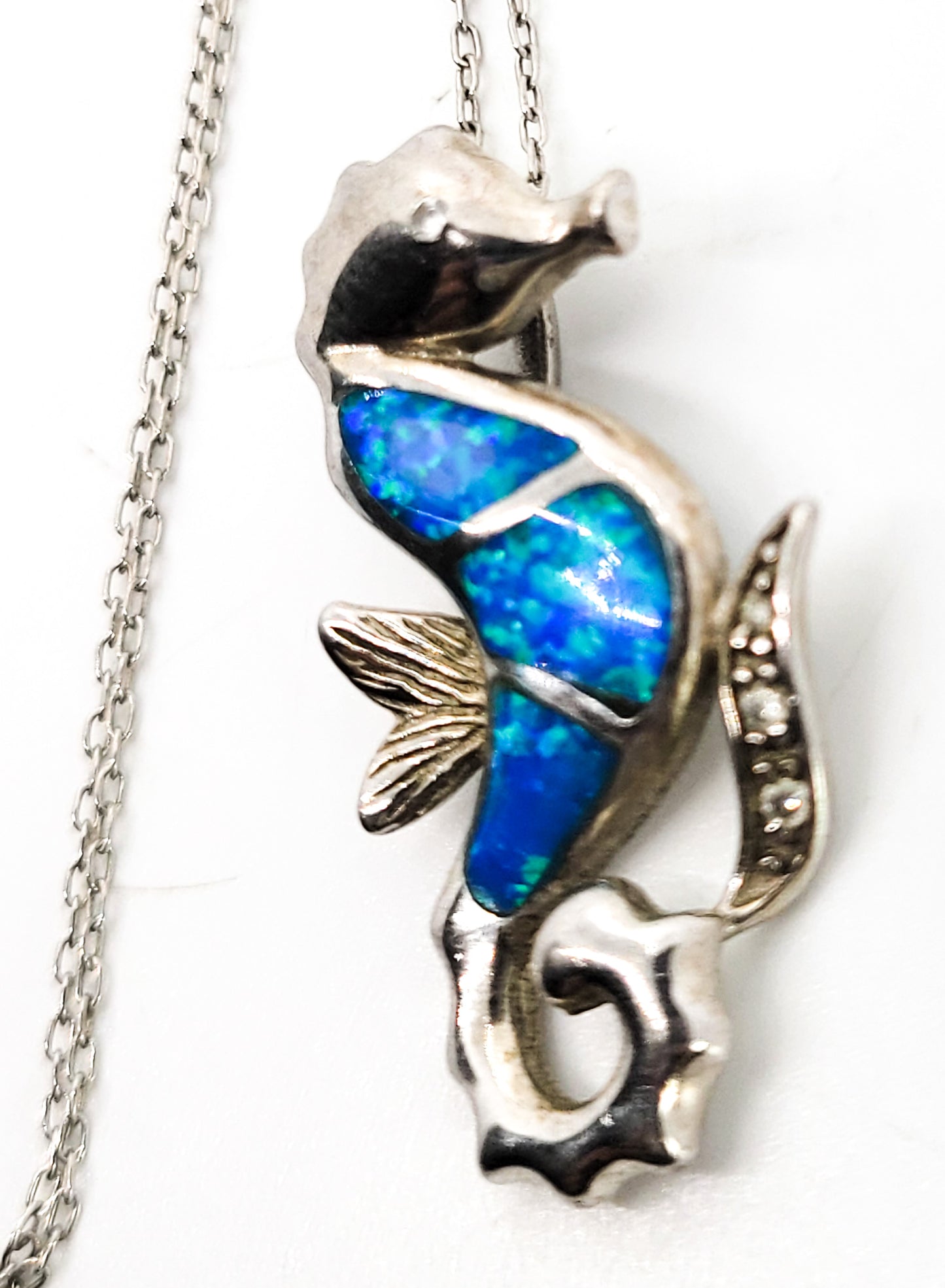 Blue Fire Opal CZ cubic zirconia sterling silver seahorse necklace