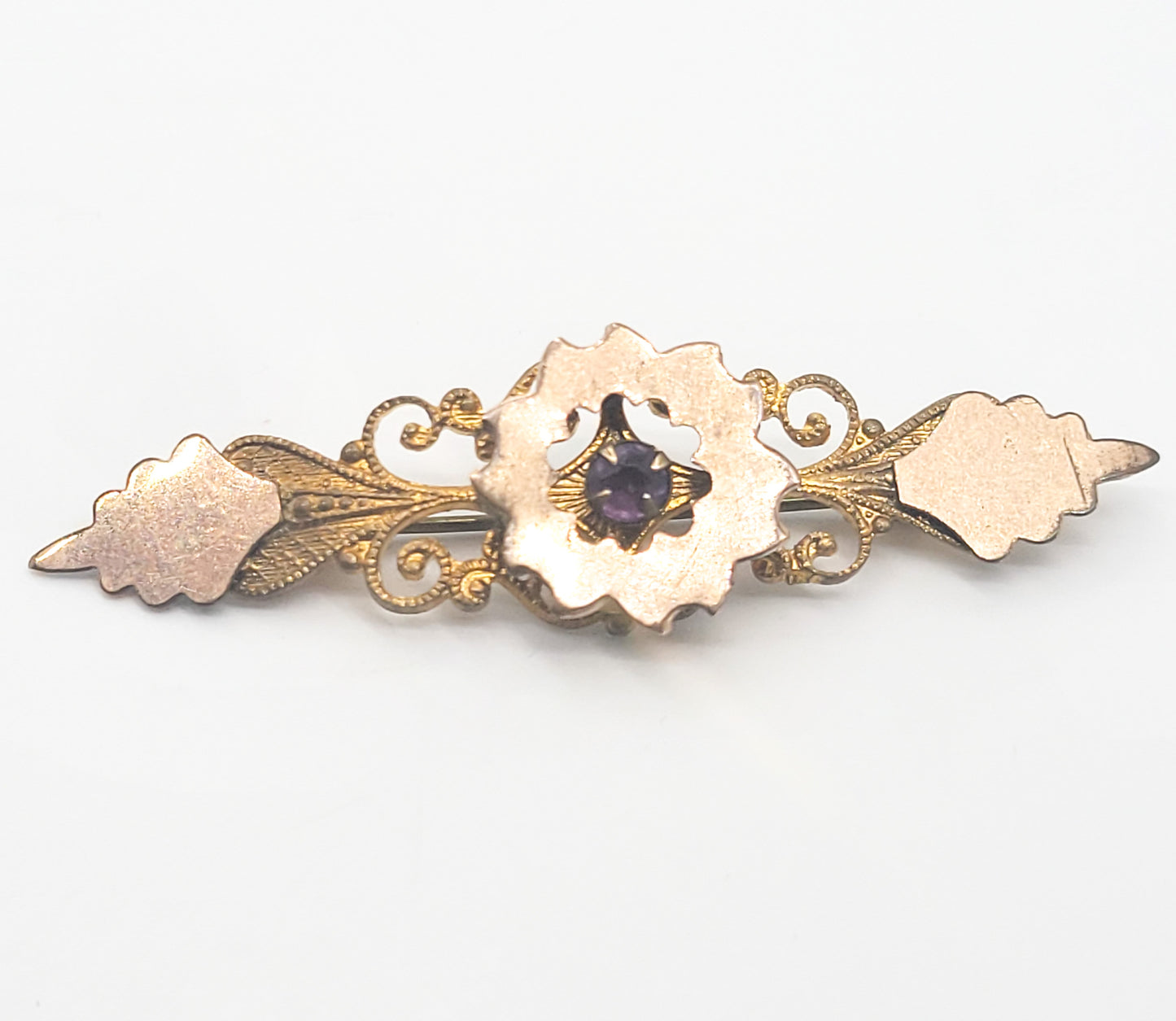 Edwardian purple paste yellow gold filled antique bar pin brooch