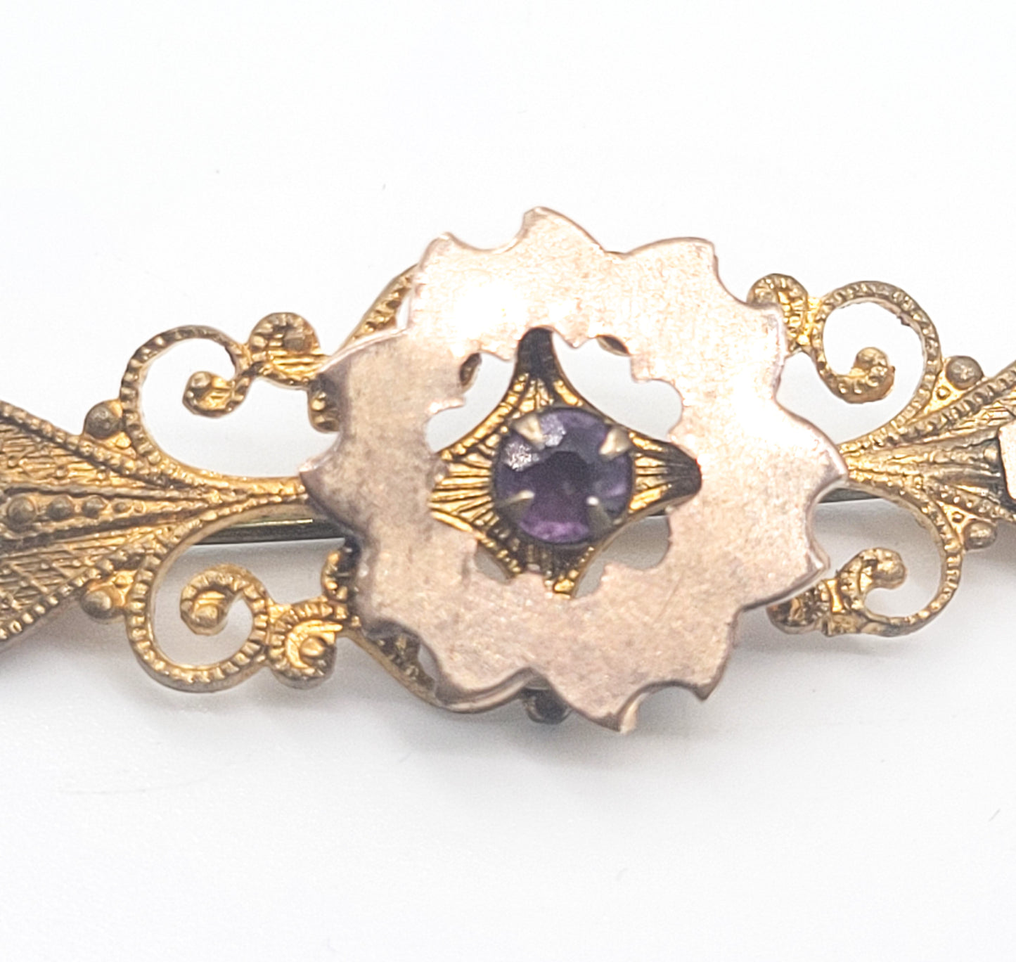 Edwardian purple paste yellow gold filled antique bar pin brooch