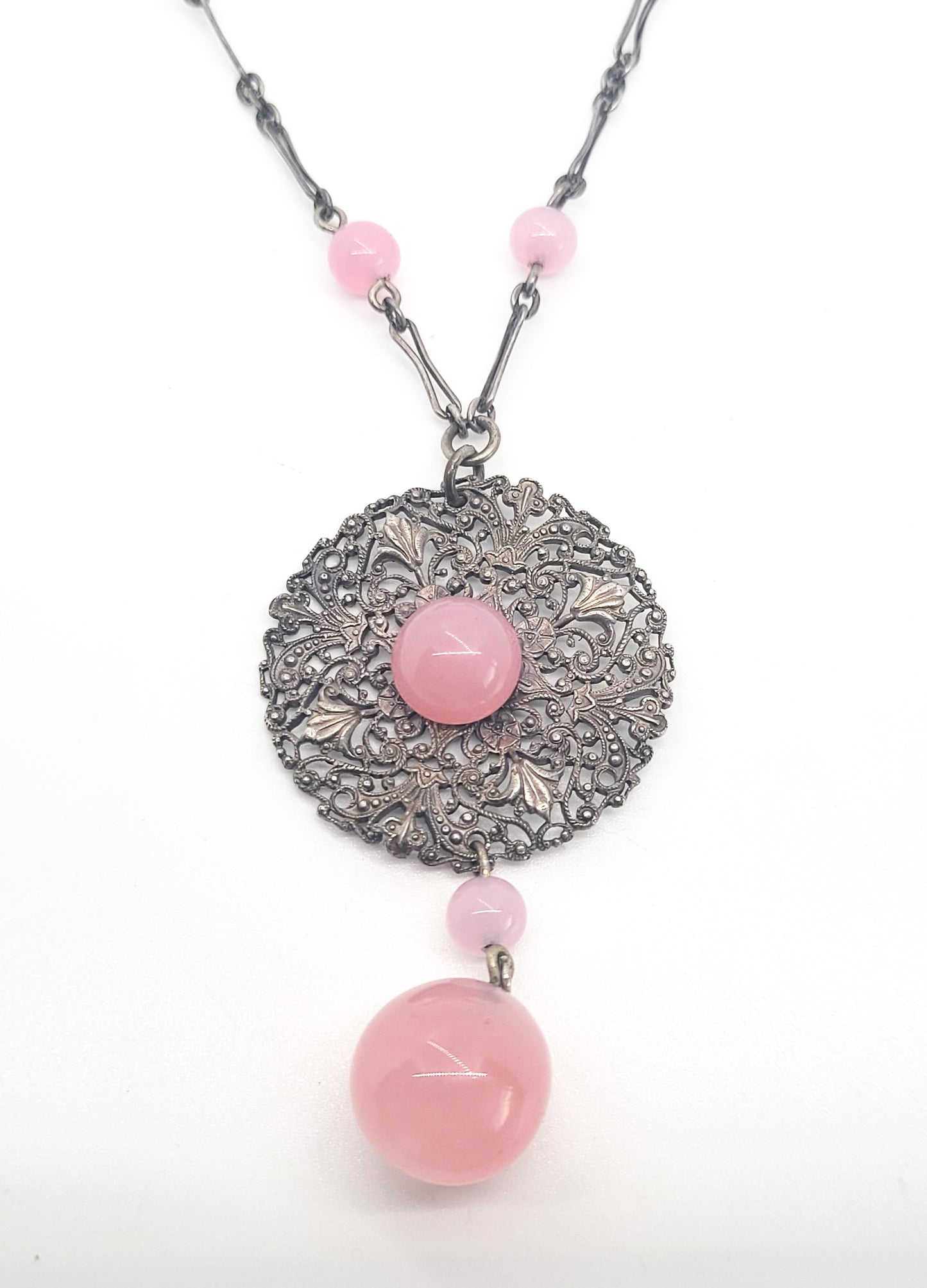 Art Deco Pink Czech glass vintage beaded sterling silver necklace