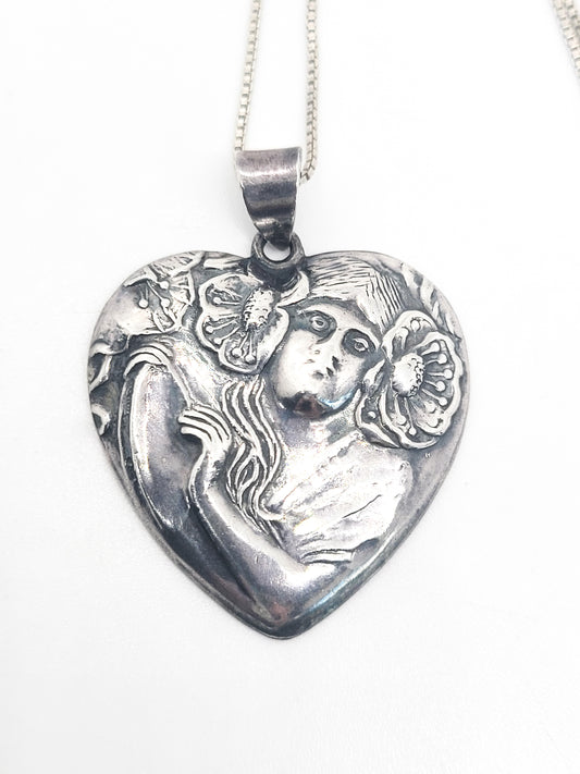 Art Nouveau style Nymph in flowers vintage sterling silver heart pendant