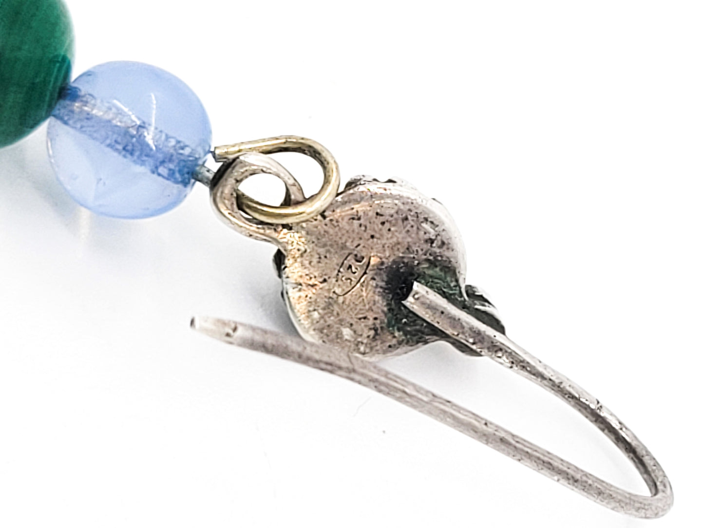 Peridot and Malachite vintage beaded drop sterling silver earrings