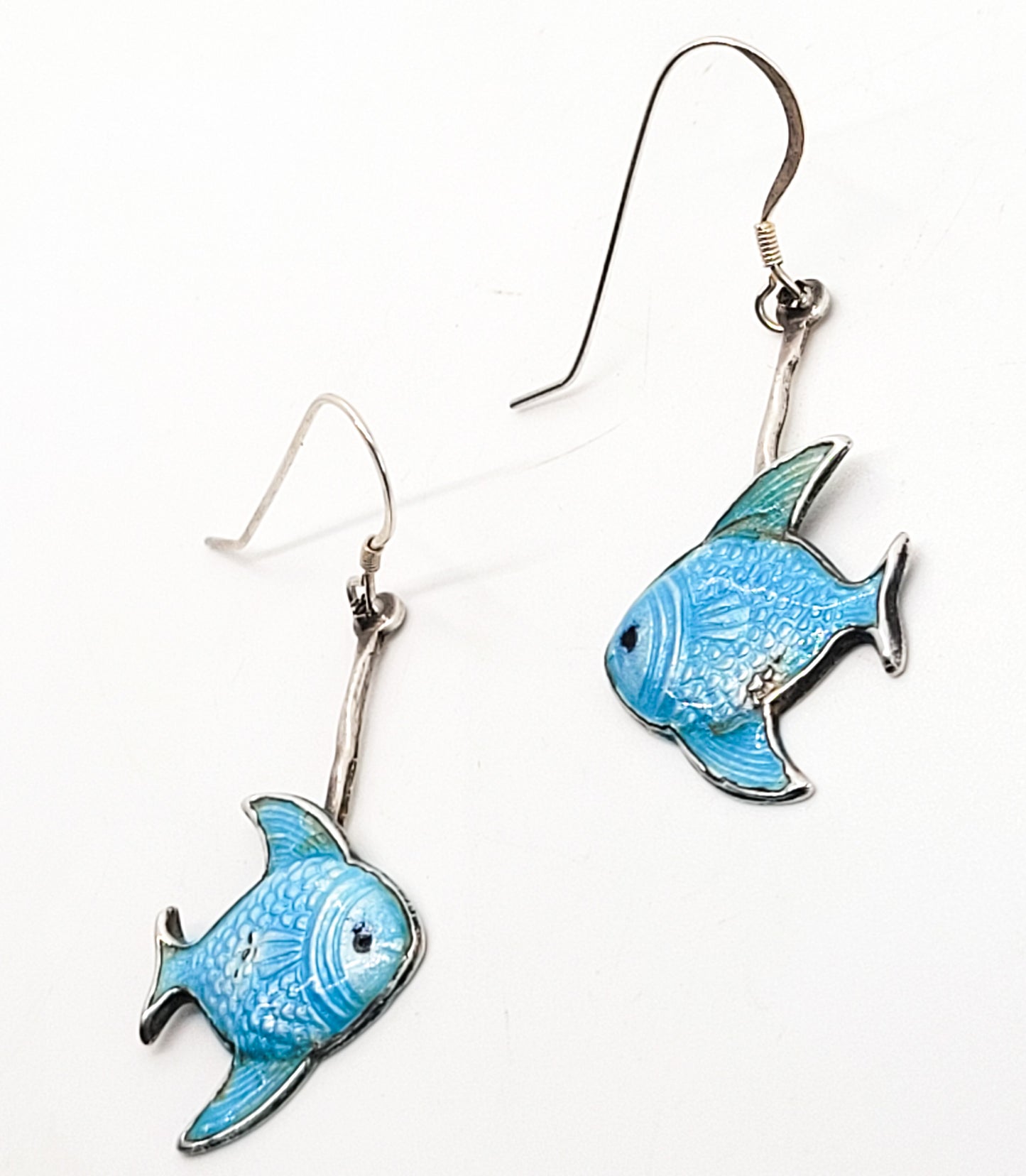 Blue guilloche Fish enamel vintage sterling silver drop earrings
