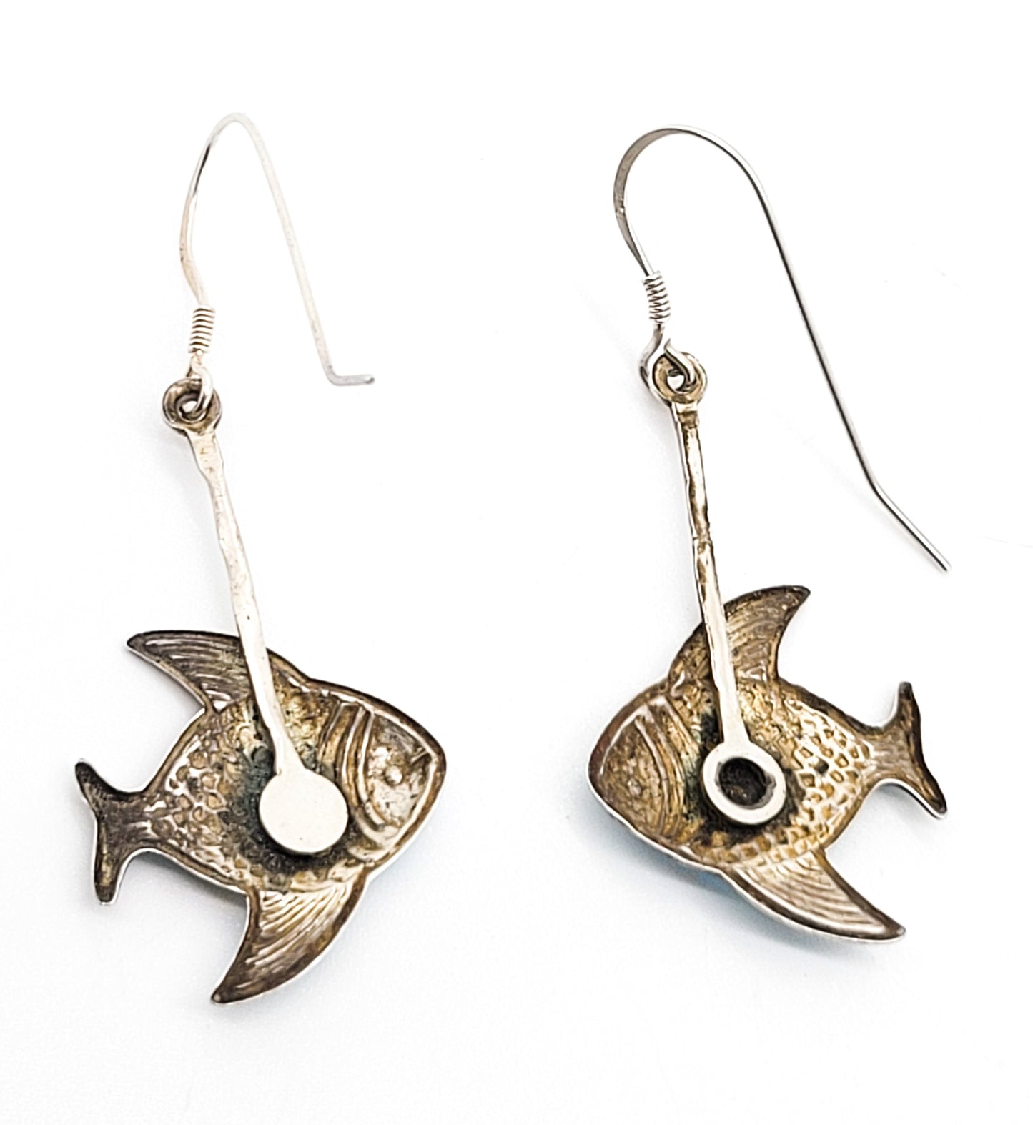 Blue guilloche Fish enamel vintage sterling silver drop earrings