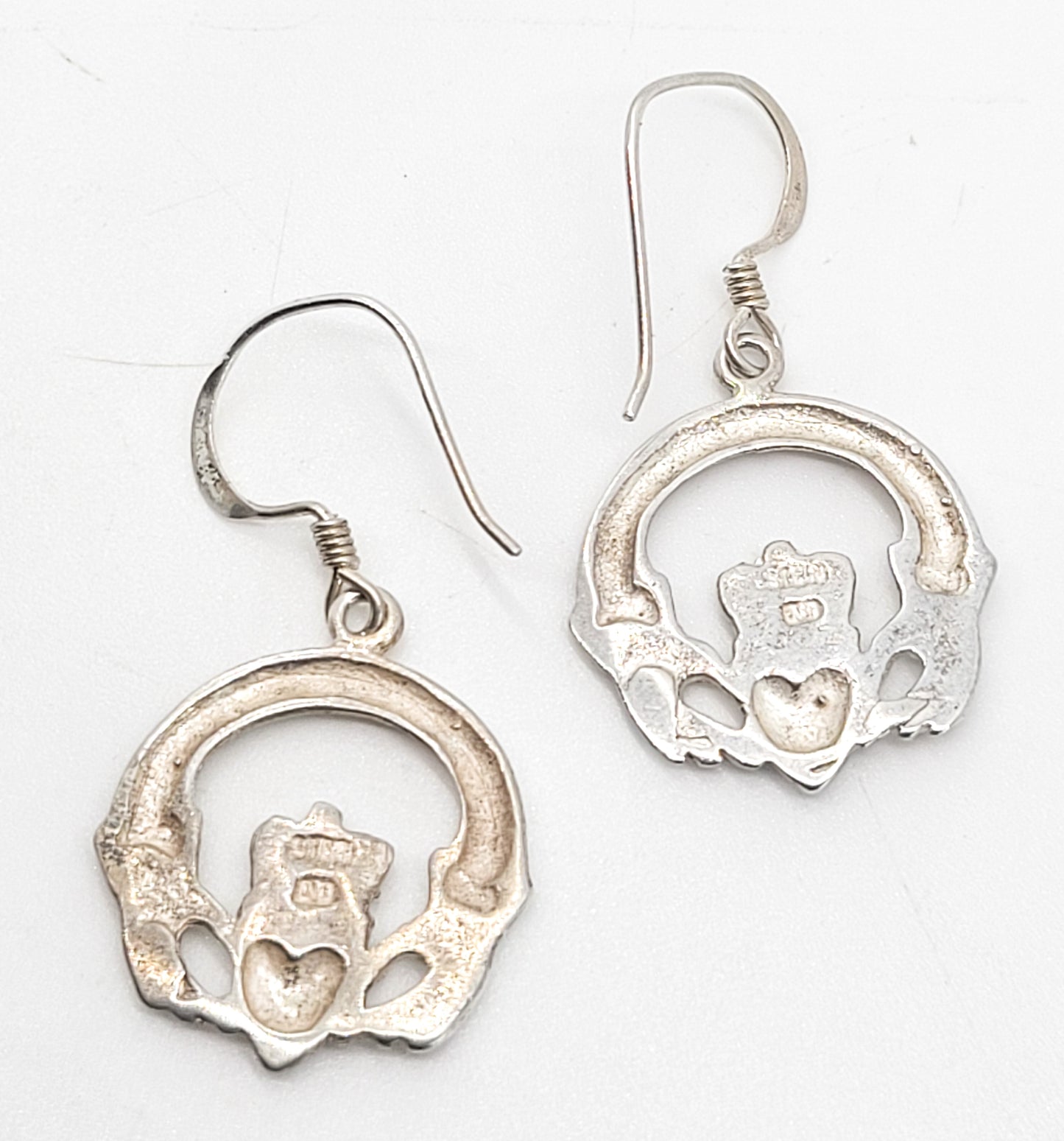 Claddagh Celtic Irish hoop heart in hands vintage sterling silver drop earrings
