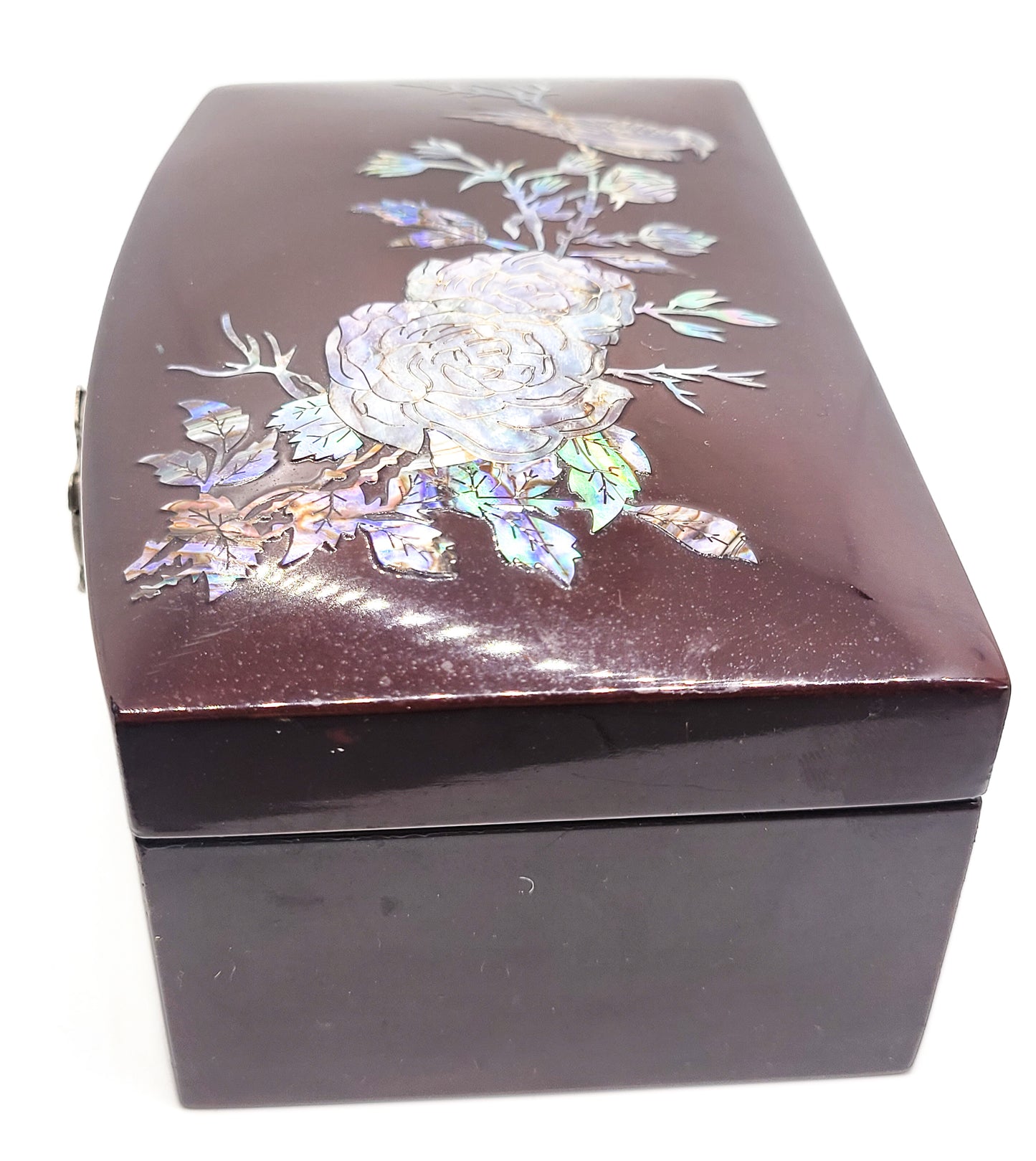 Abalone shell inlay bird and roses vintage flower red wood lacquer jewelry box