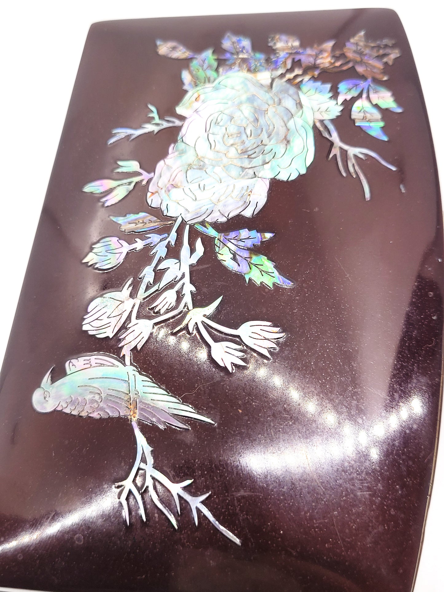Abalone shell inlay bird and roses vintage flower red wood lacquer jewelry box