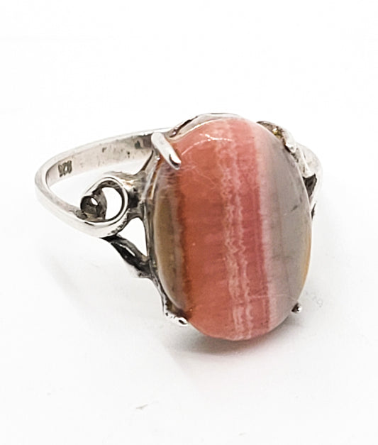 Rhodochrosite banded pink gemstone prong set vintage sterling ring size 7