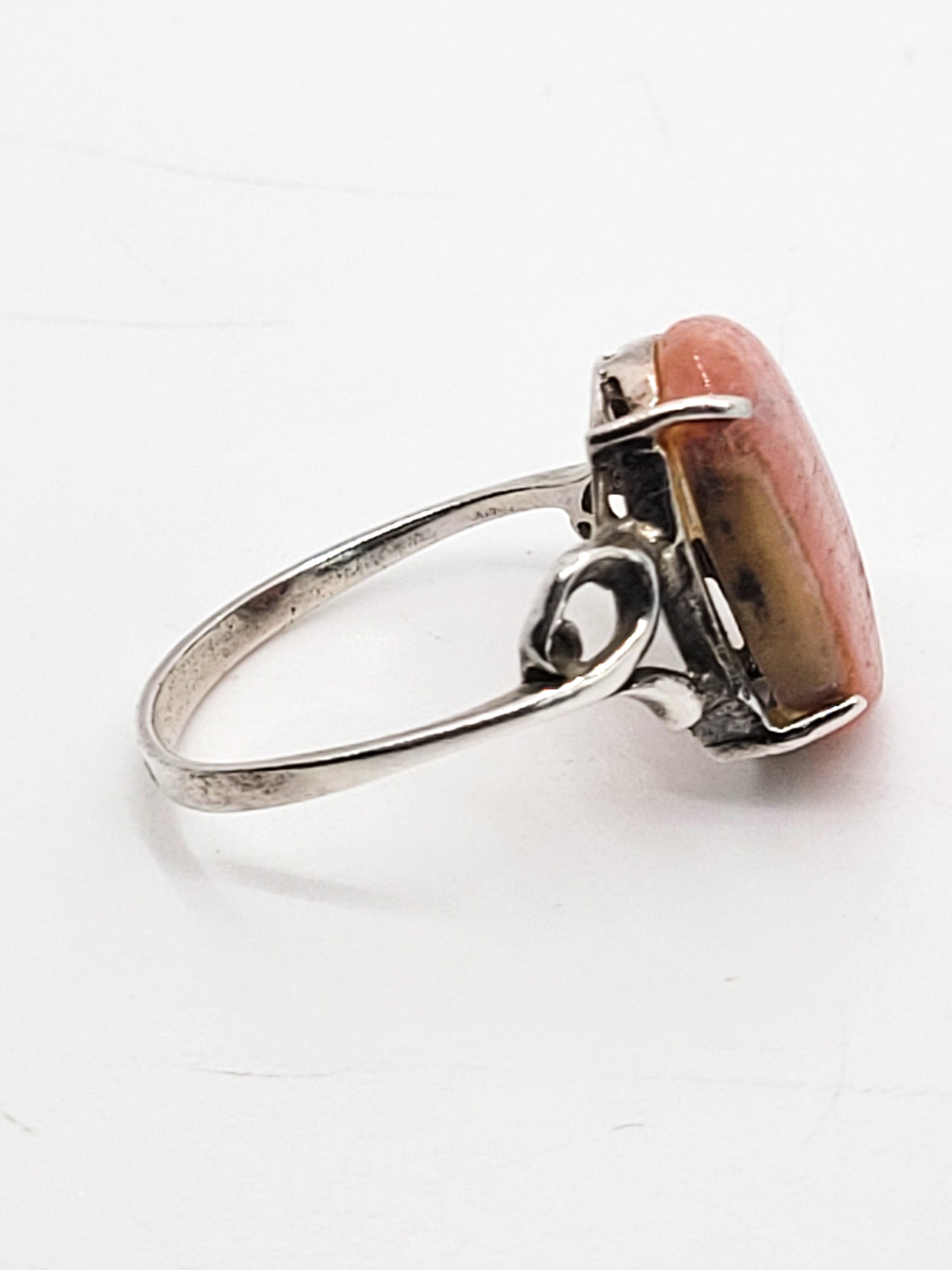 Rhodochrosite banded pink gemstone prong set vintage sterling ring size 7