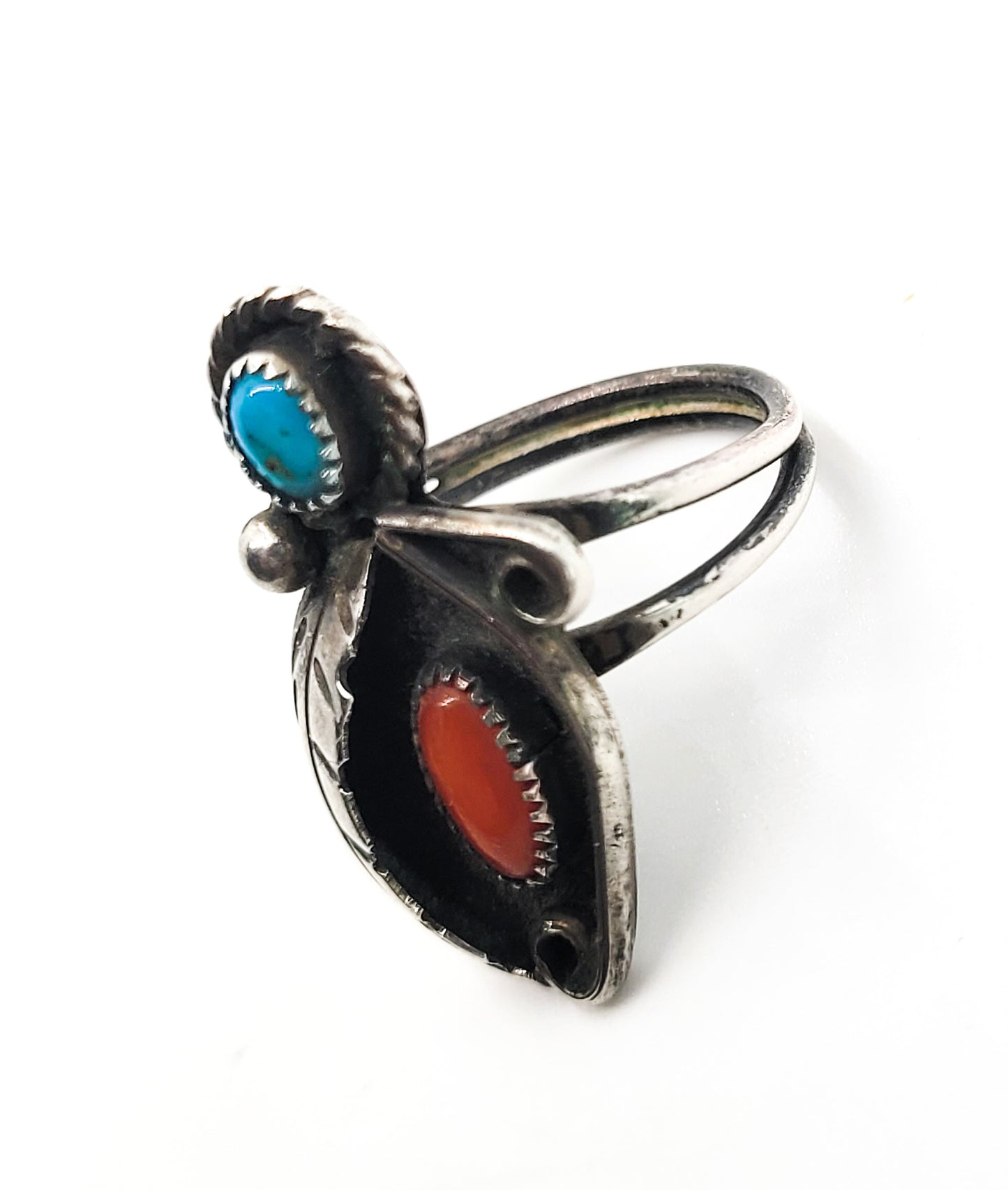Turquoise and Red coral Navajo Native American sterling silver ring size 6