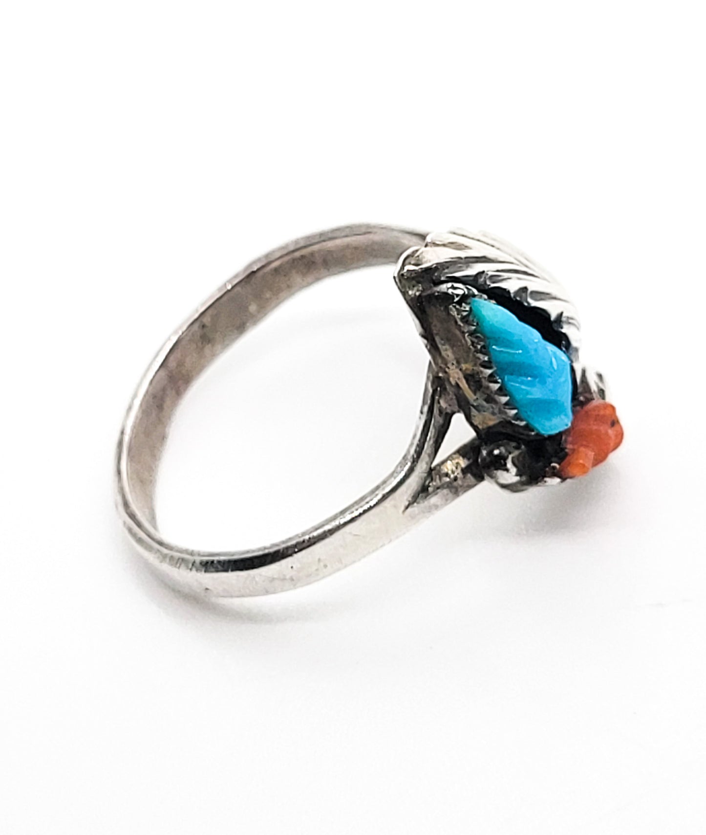 Native American split shank carved turquoise red coral sterling silver ring size 5