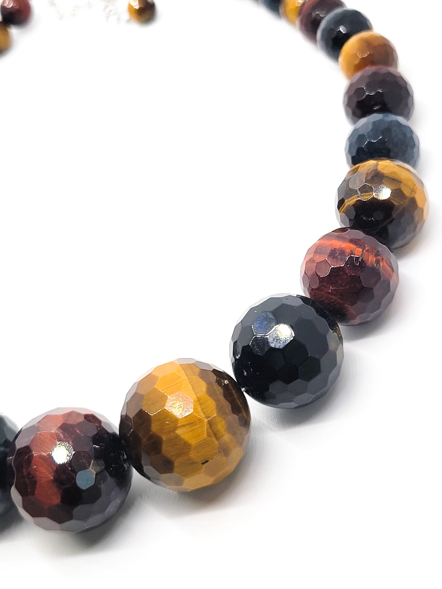 Tri colored Tigers eye faceted graduated beaded sterling silver gemstone necklace