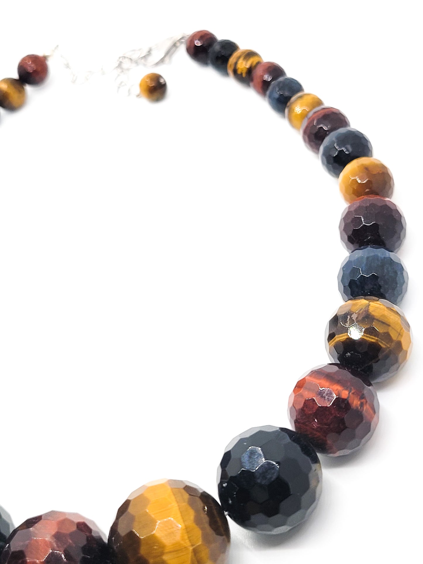 Tri colored Tigers eye faceted graduated beaded sterling silver gemstone necklace
