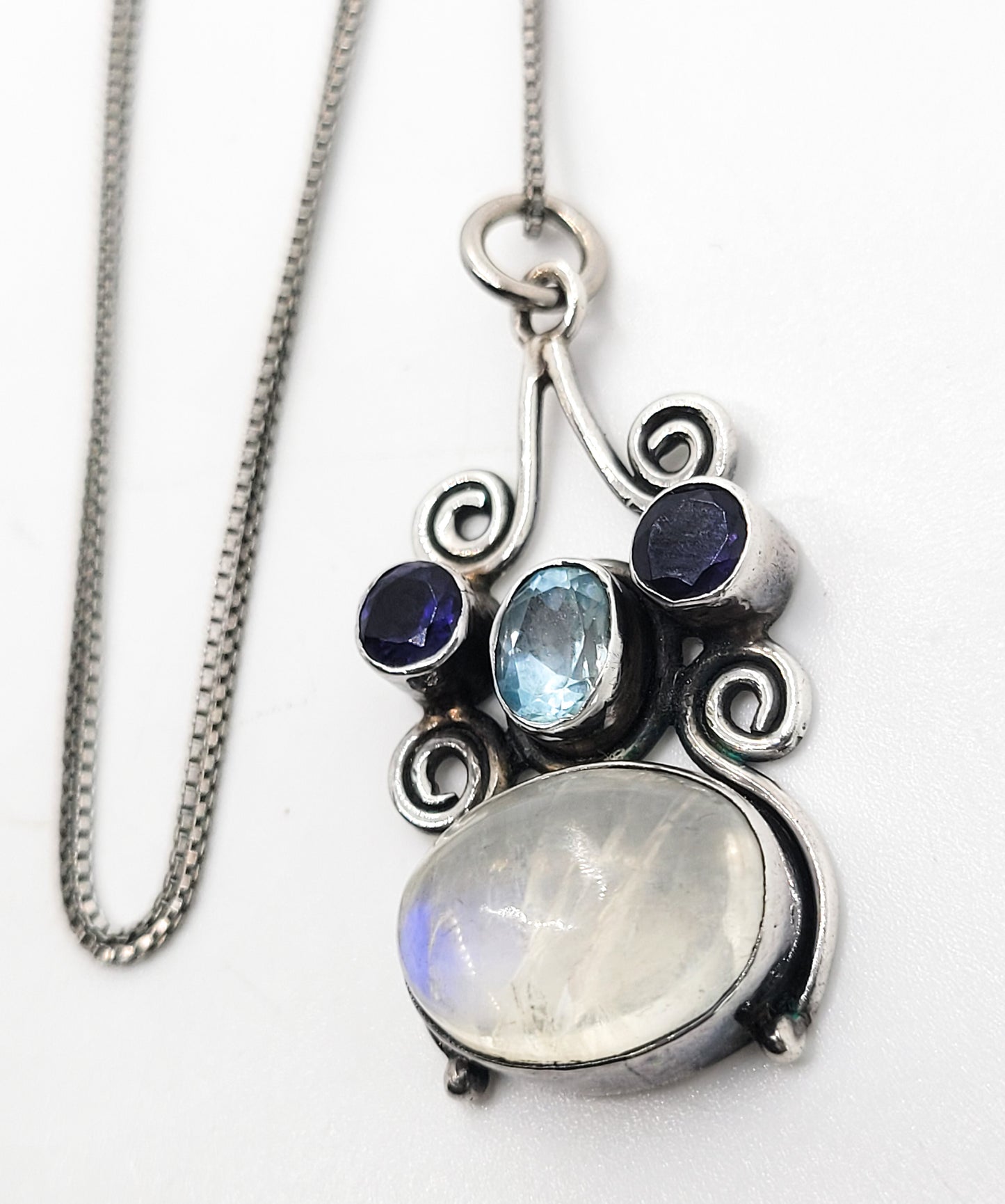 Moonstone iolite and blue topaz sterling silver gemstone vintage necklace