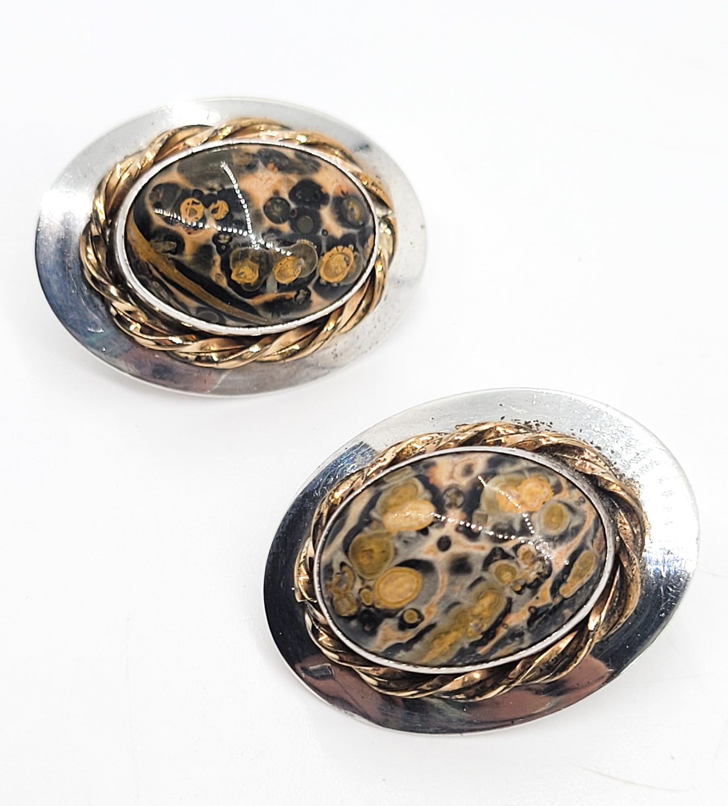VHC Leopard skin jasper 14k gold filled sterling silver large vintage earrings
