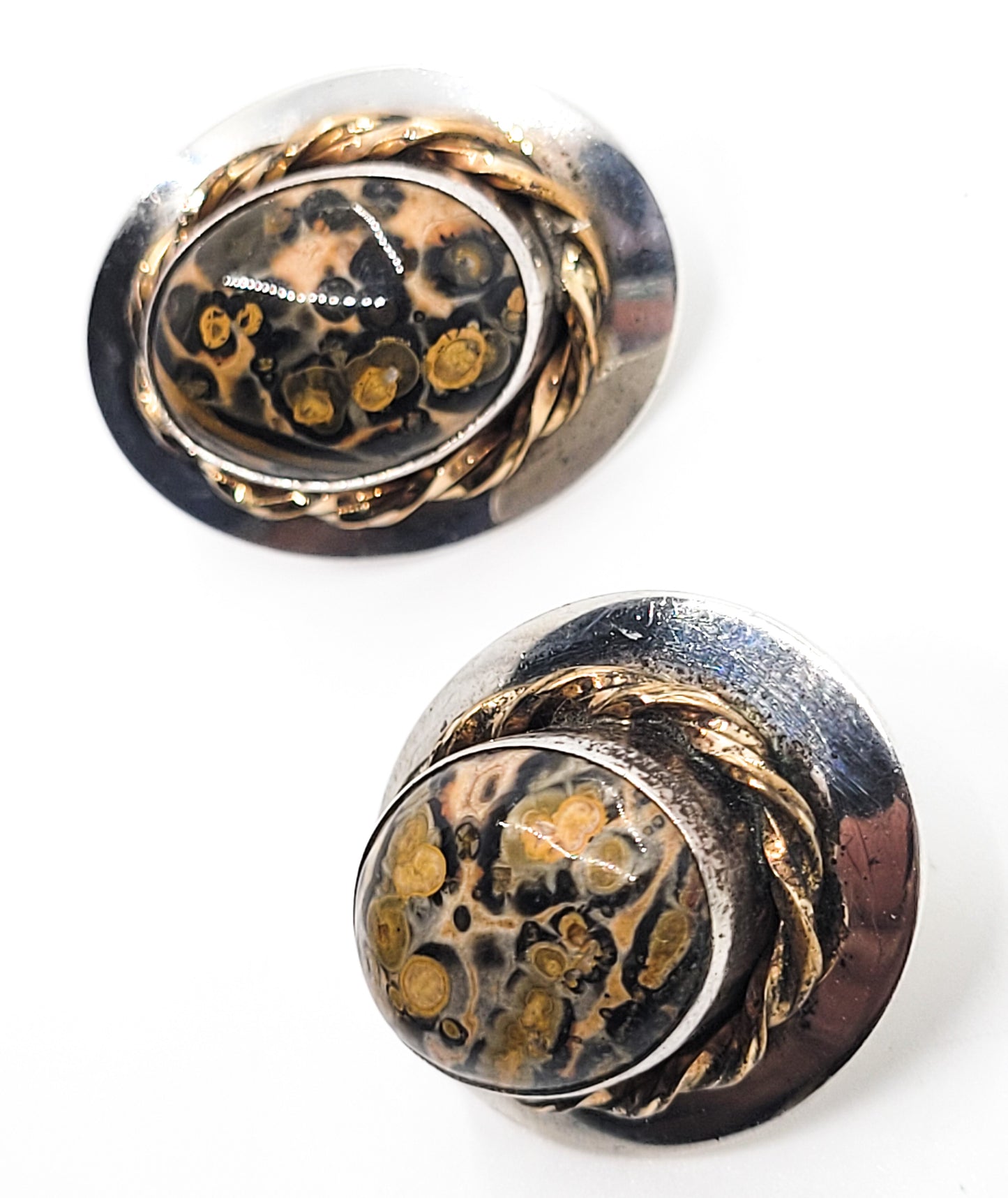 VHC Leopard skin jasper 14k gold filled sterling silver large vintage earrings