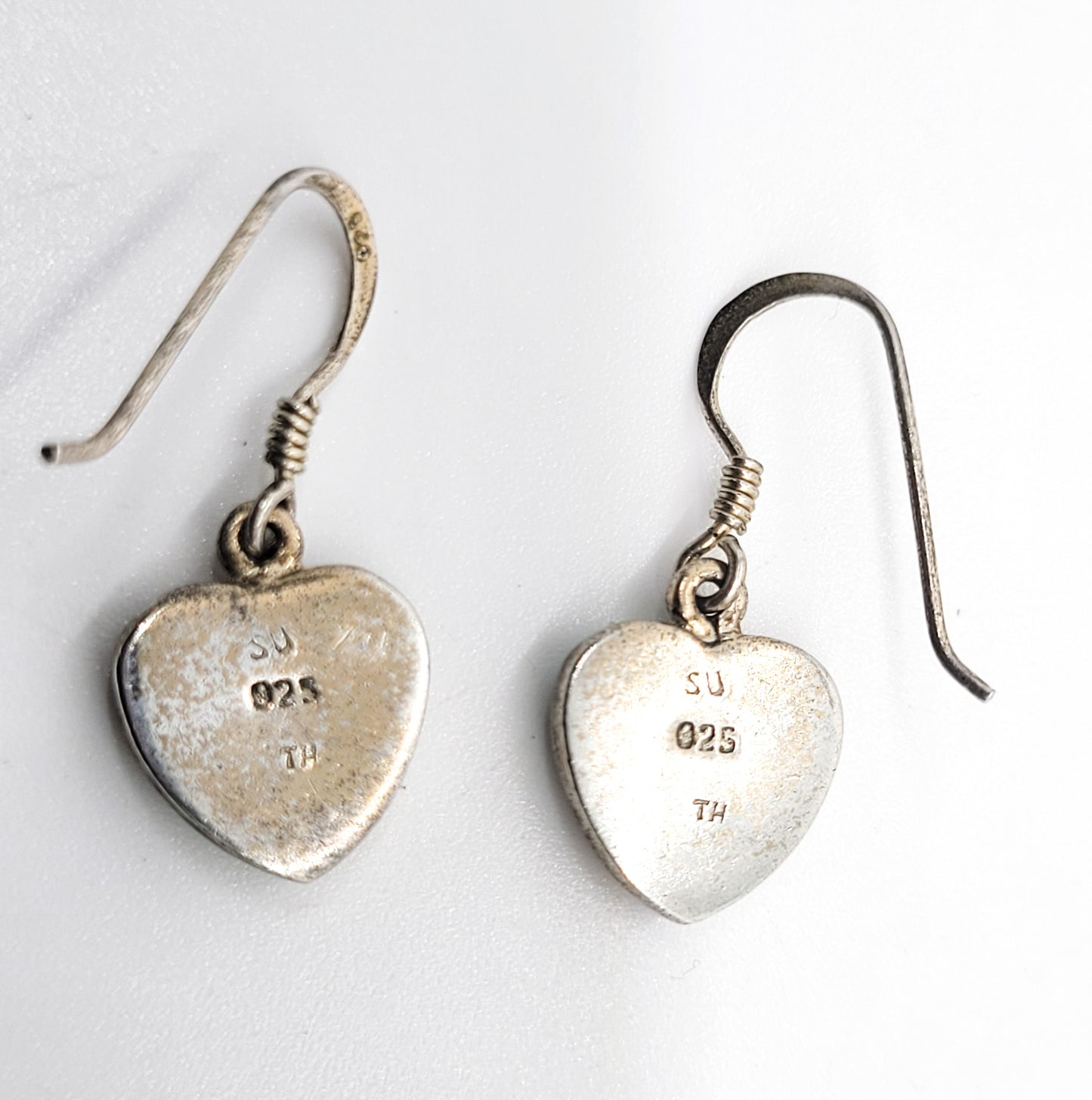 SU TH Southwestern gemstone inlay heart vintage signed drop sterling silver earrings