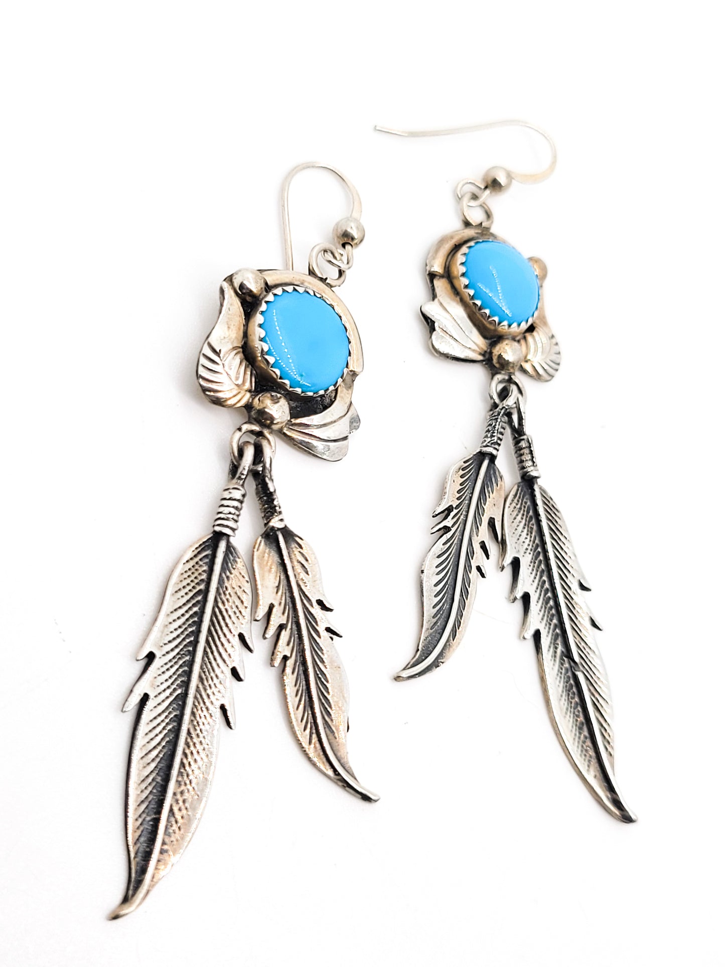Navajo Turquoise vintage long 3 inch drop sterling silver feather earrings