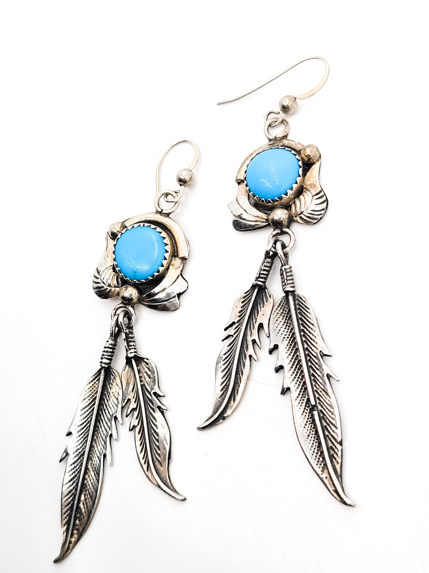 Navajo Turquoise vintage long 3 inch drop sterling silver feather earrings