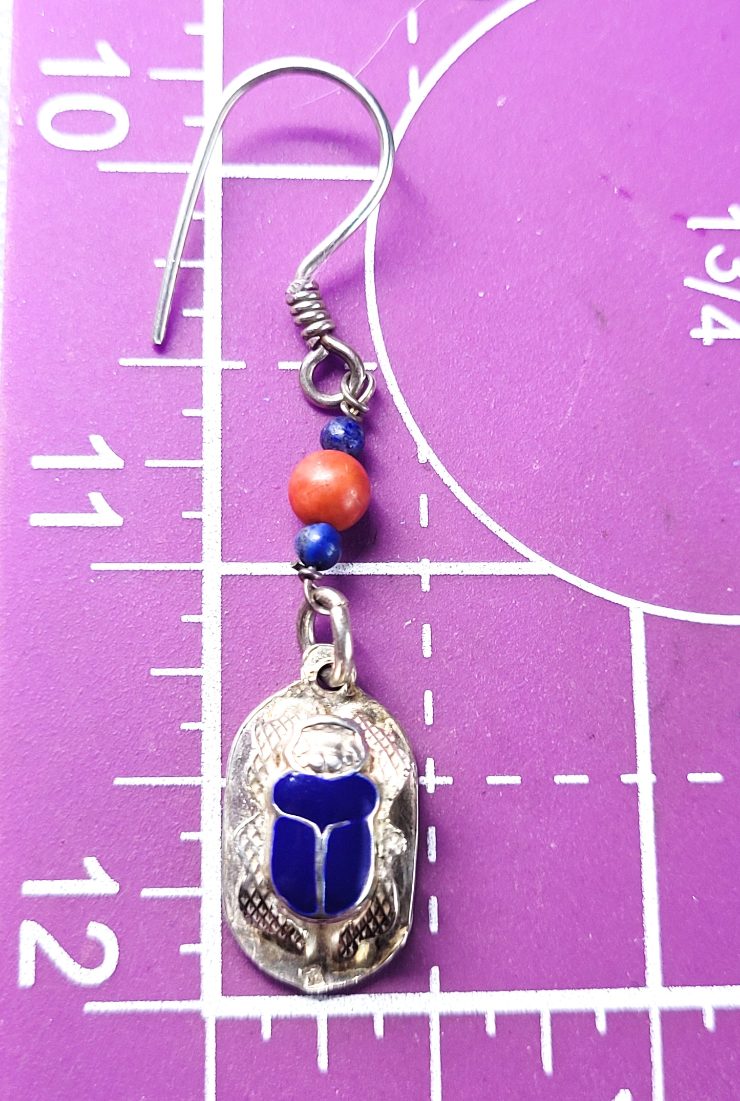 Egyptian Khepri Scarab beetle vintage sterling silver beaded enamel drop earrings