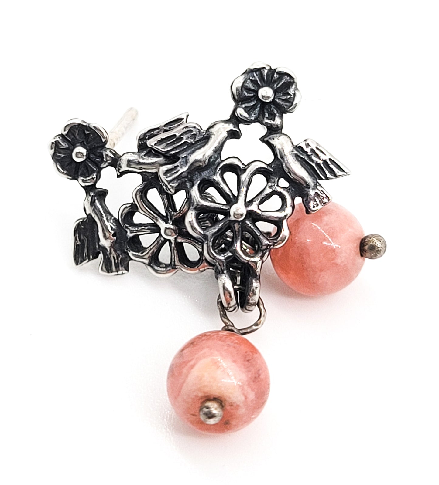 Love bird Mexican pink rhodochrosite gemstone sterling silver vintage earrings
