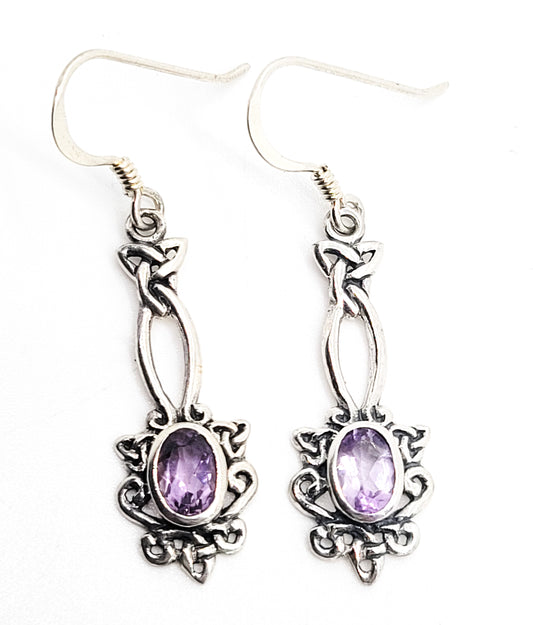 Trinity knot Celtic long drop purple amethyst gemstone sterling silver earrings