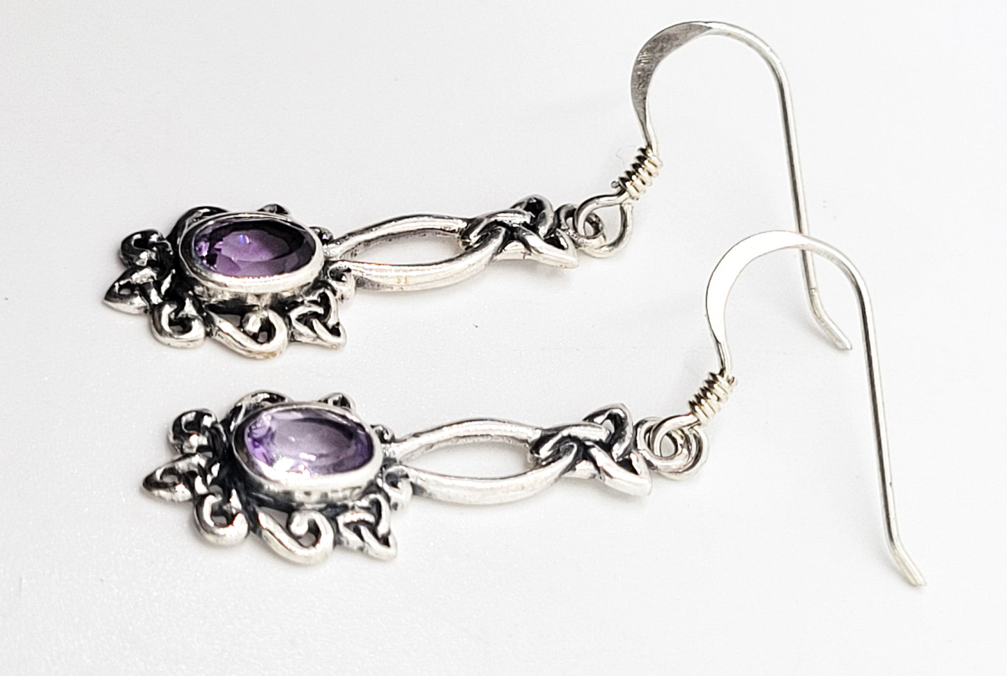 Trinity knot Celtic long drop purple amethyst gemstone sterling silver earrings