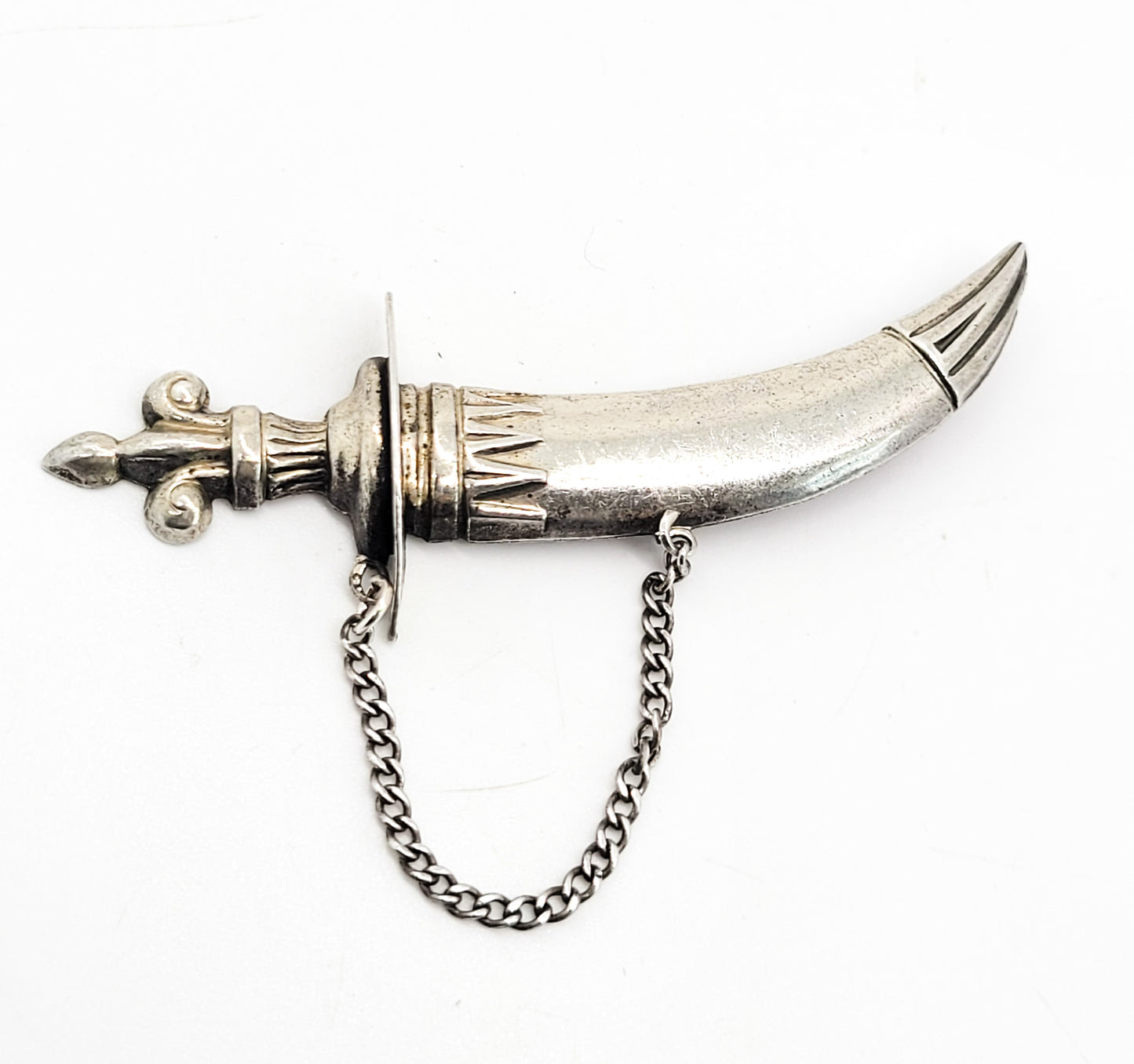 Lang Sterling Mid-Century Sterling Silver Khanjar-inspired Dagger in Scabbard Pin Brooch