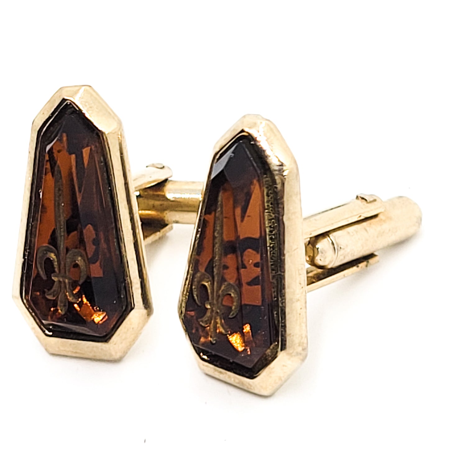 Fleur De Lis Reverse carved faceted amber and gold vintage mid century cuff links