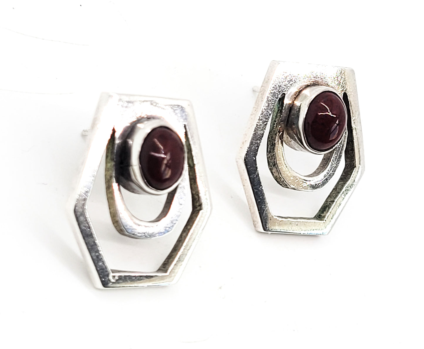 Modernist red Jasper sterling silver cut out Hexagon artist made Mexican earrings