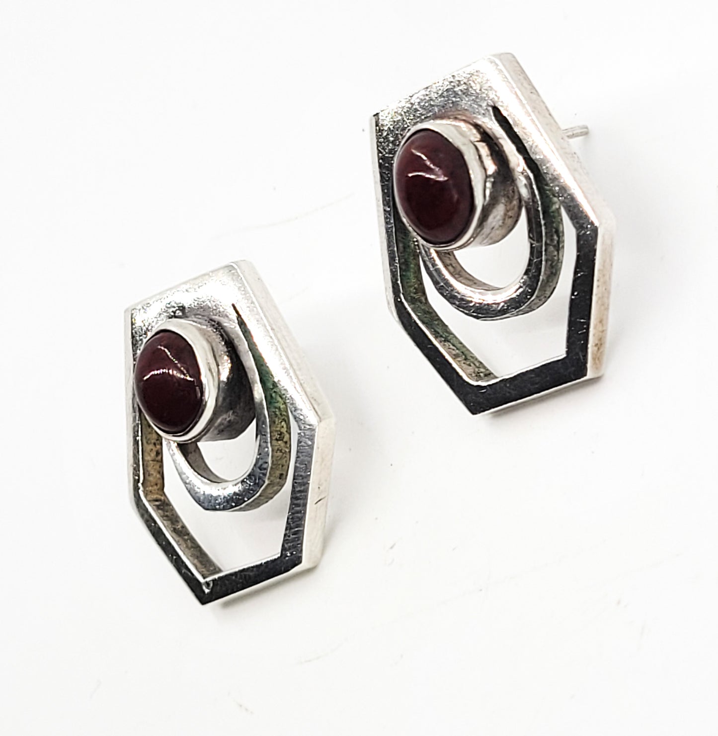 Modernist red Jasper sterling silver cut out Hexagon artist made Mexican earrings