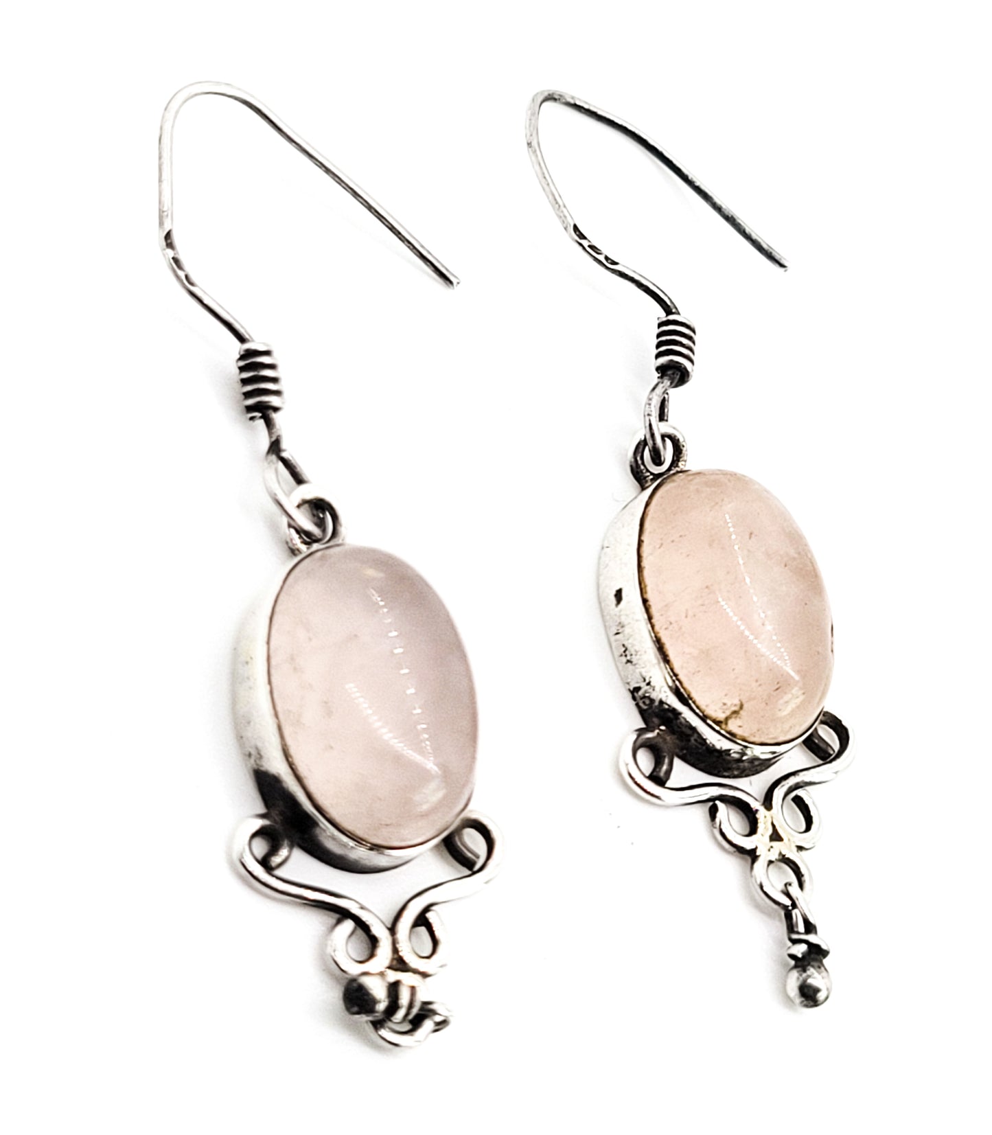 Rose Quartz pink gemstone large vintage sterling silver bohemian drop earrings