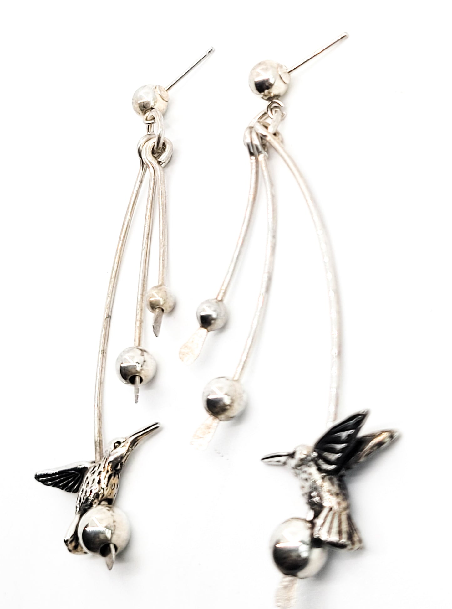 Hummingbird extra long drop sterling silver vintage artisan crafted bird earrings
