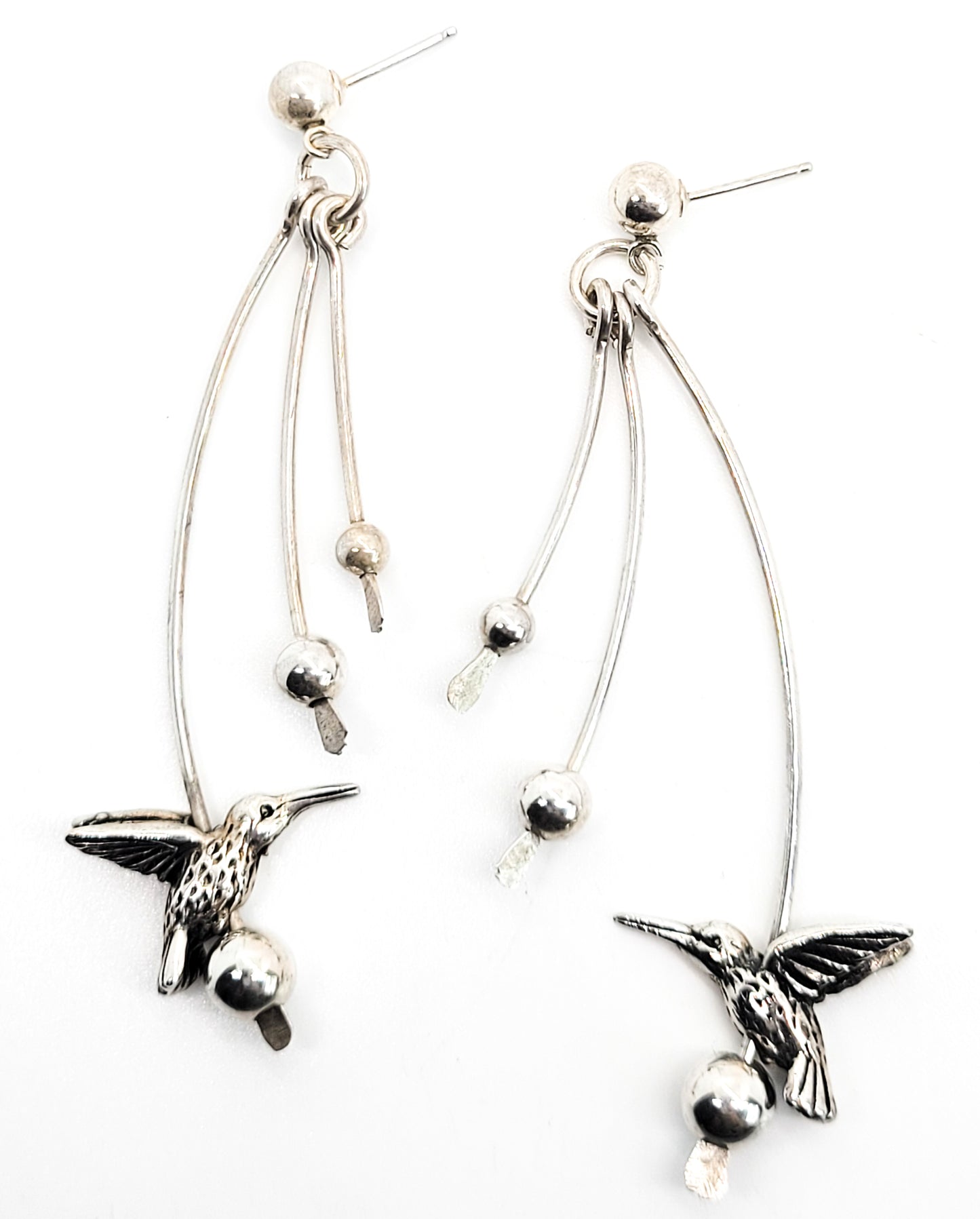 Hummingbird extra long drop sterling silver vintage artisan crafted bird earrings