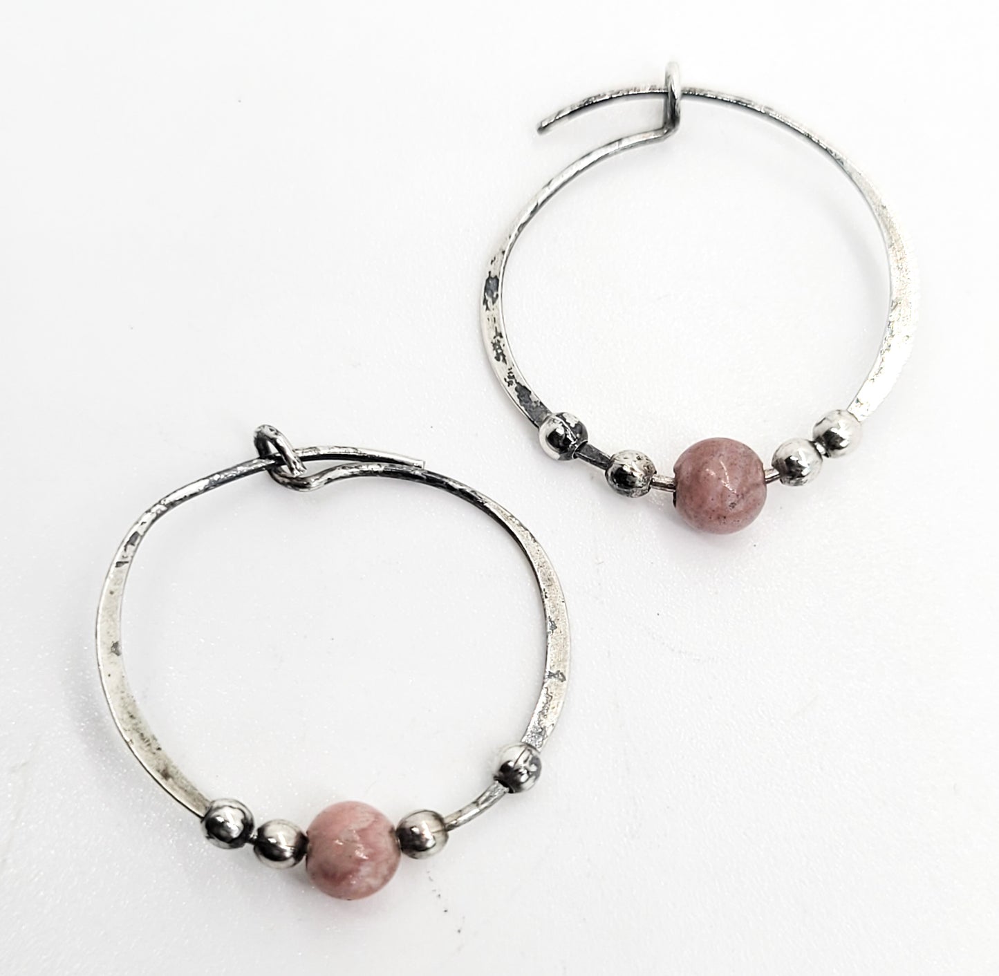 Rhodochrosite pink banded gemstone vintage sterling silver hoop earrings
